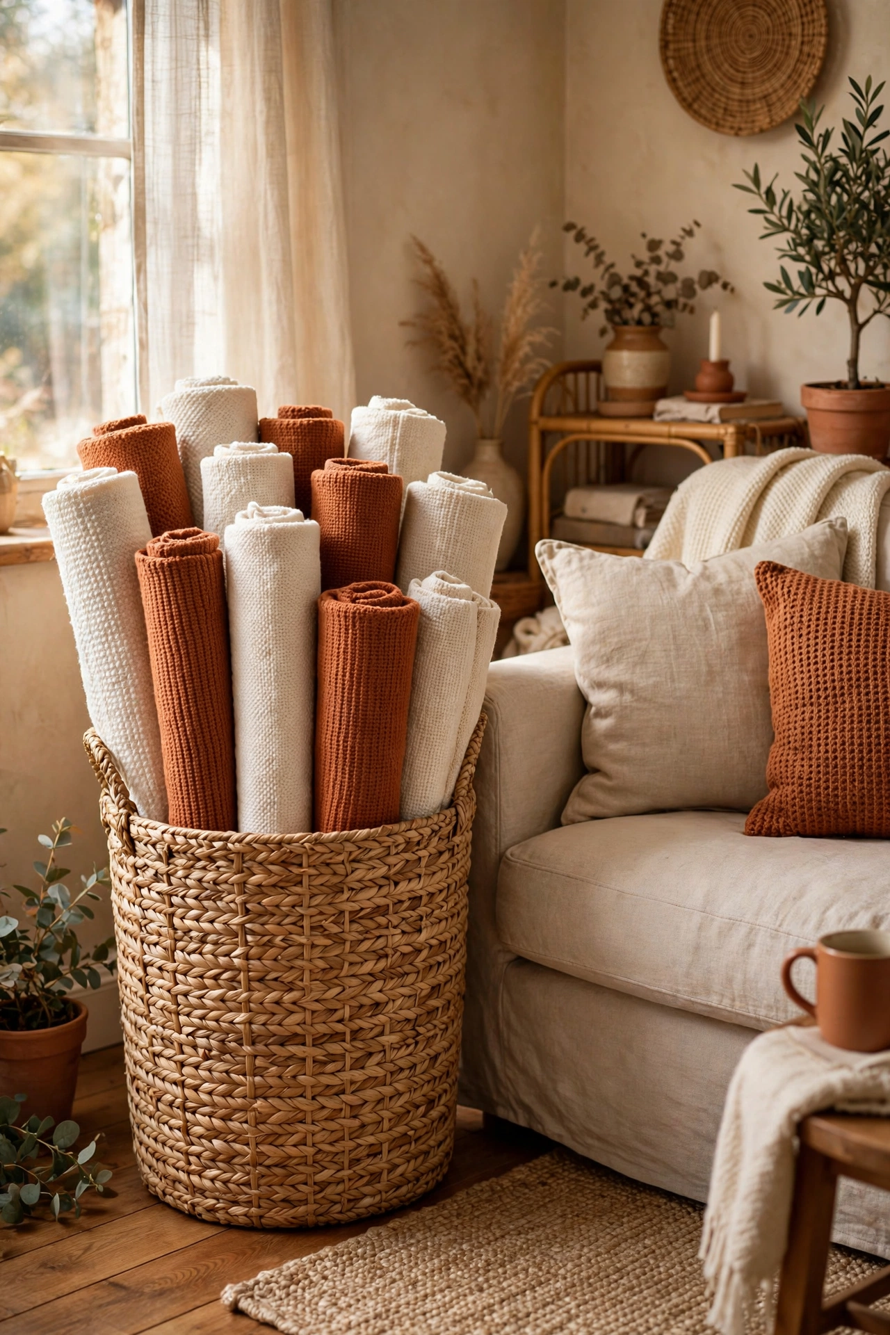 seagrass basket with rolled throw blankets beside living room sofa