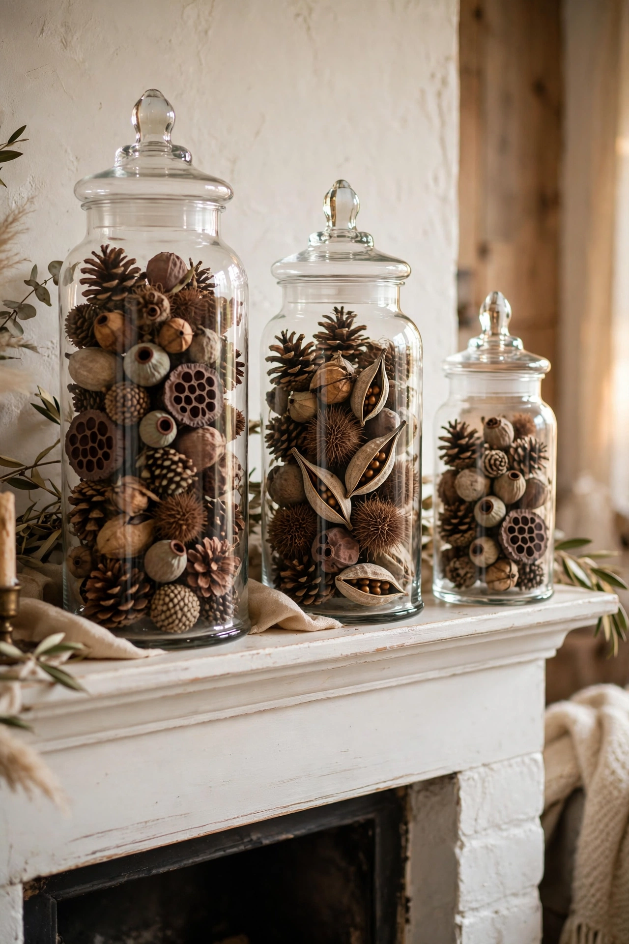 glass apothecary jars filled with pinecones on living room mantel