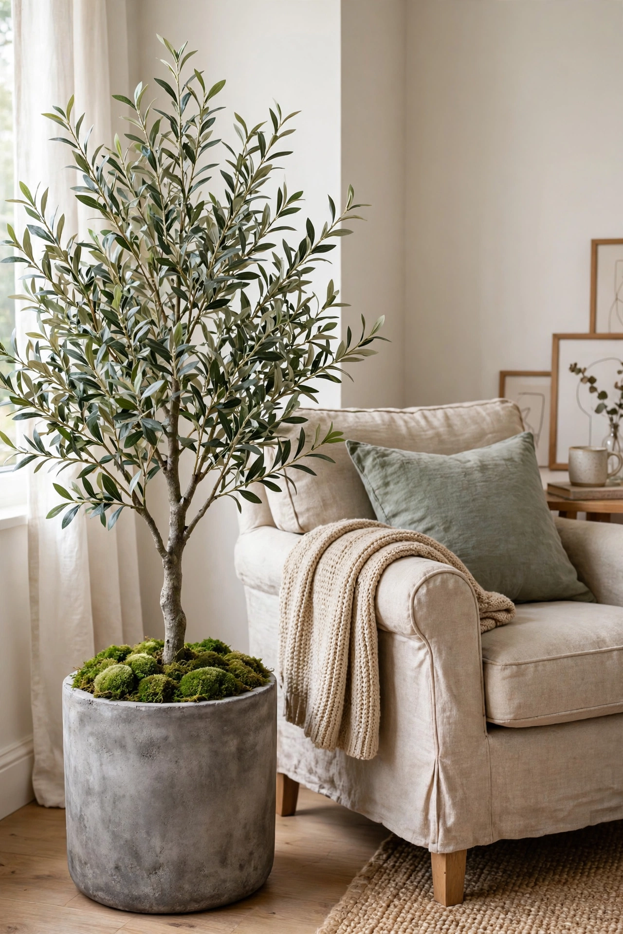 faux olive tree in stone look planter in bright living room corner