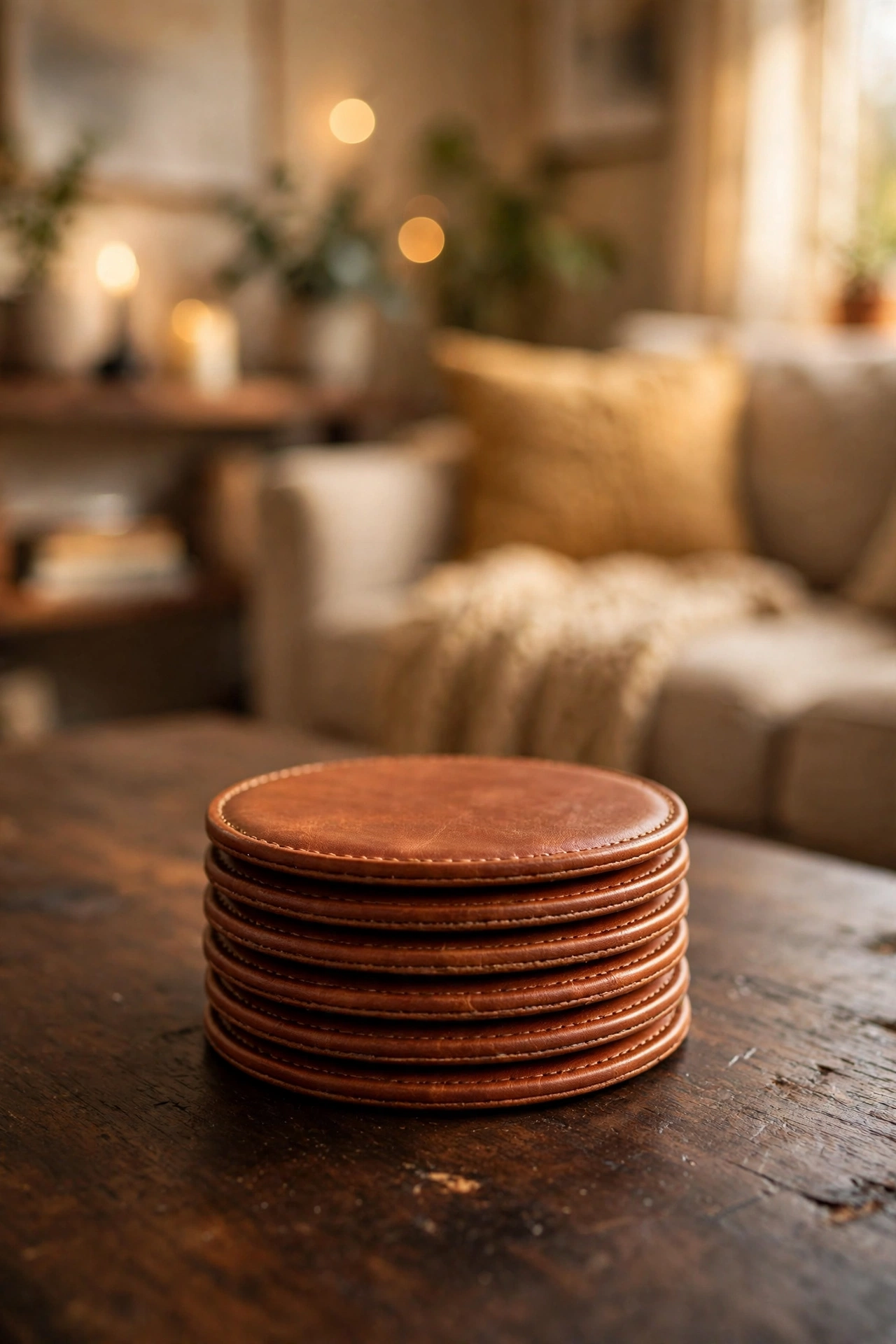 cognac faux leather coasters stacked on coffee table