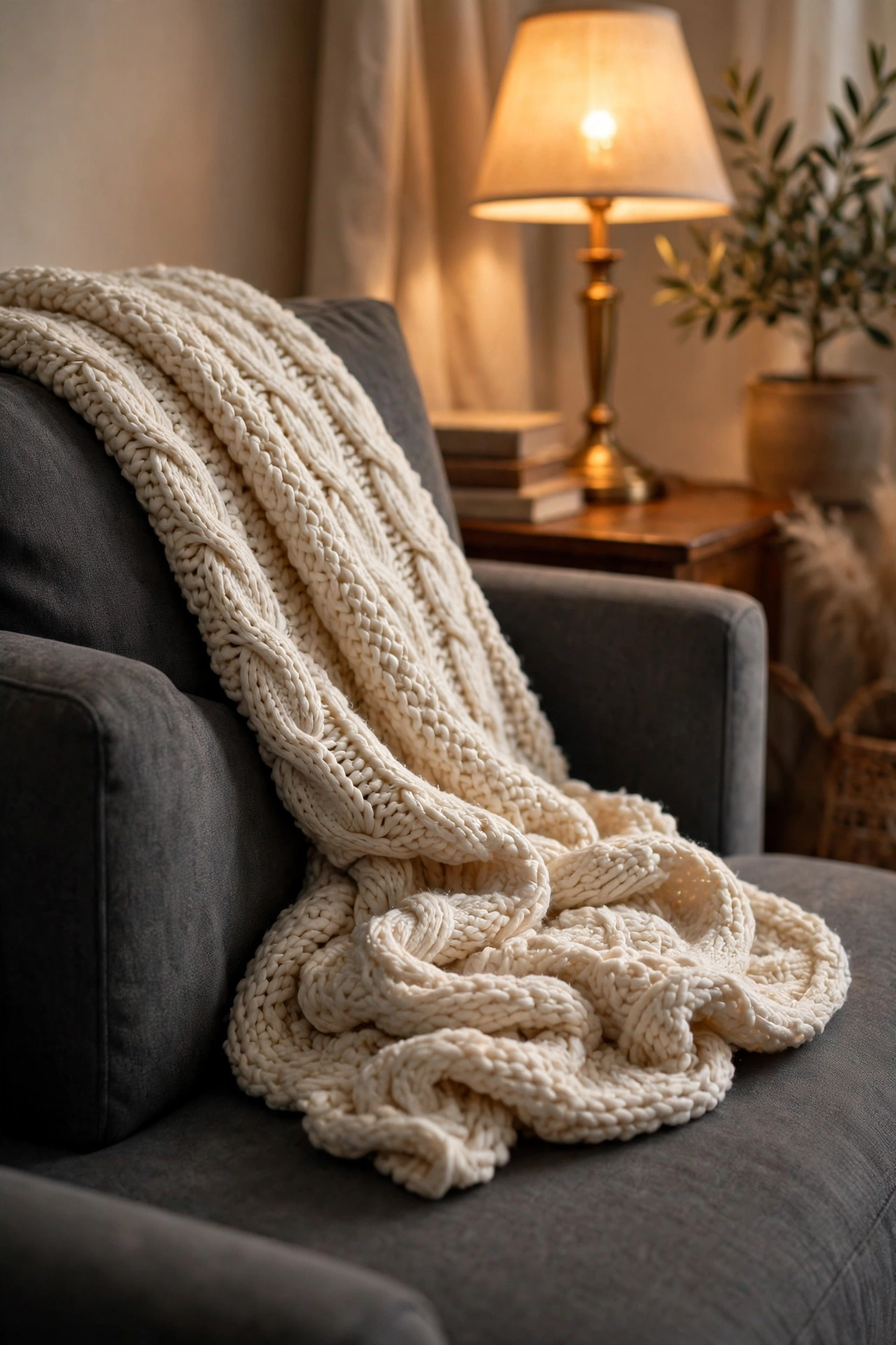 chunky knit throw folded over grey living room sofa arm