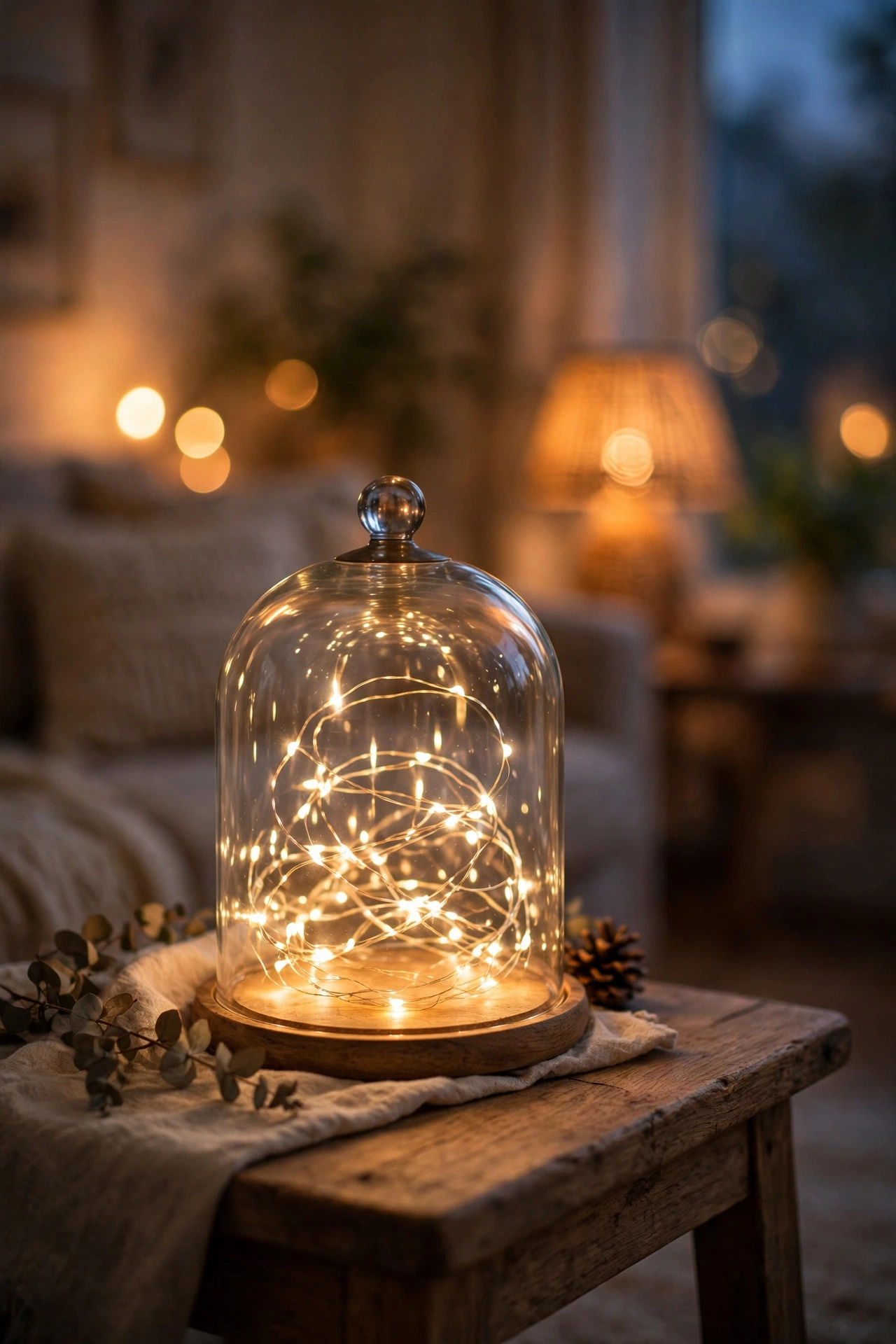 warm fairy lights glowing under glass cloche on side table