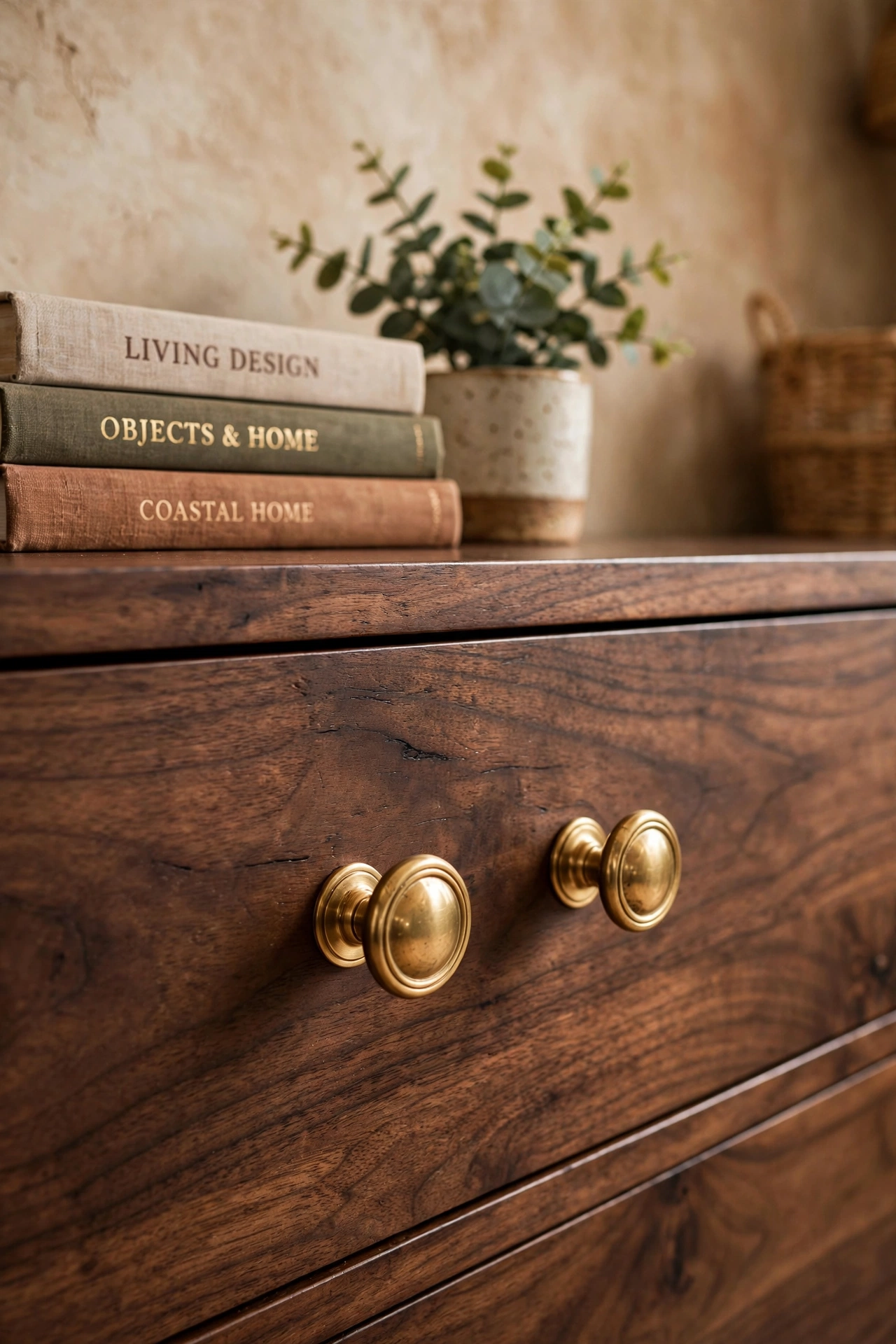 dark wood media console with brass look replacement knobs