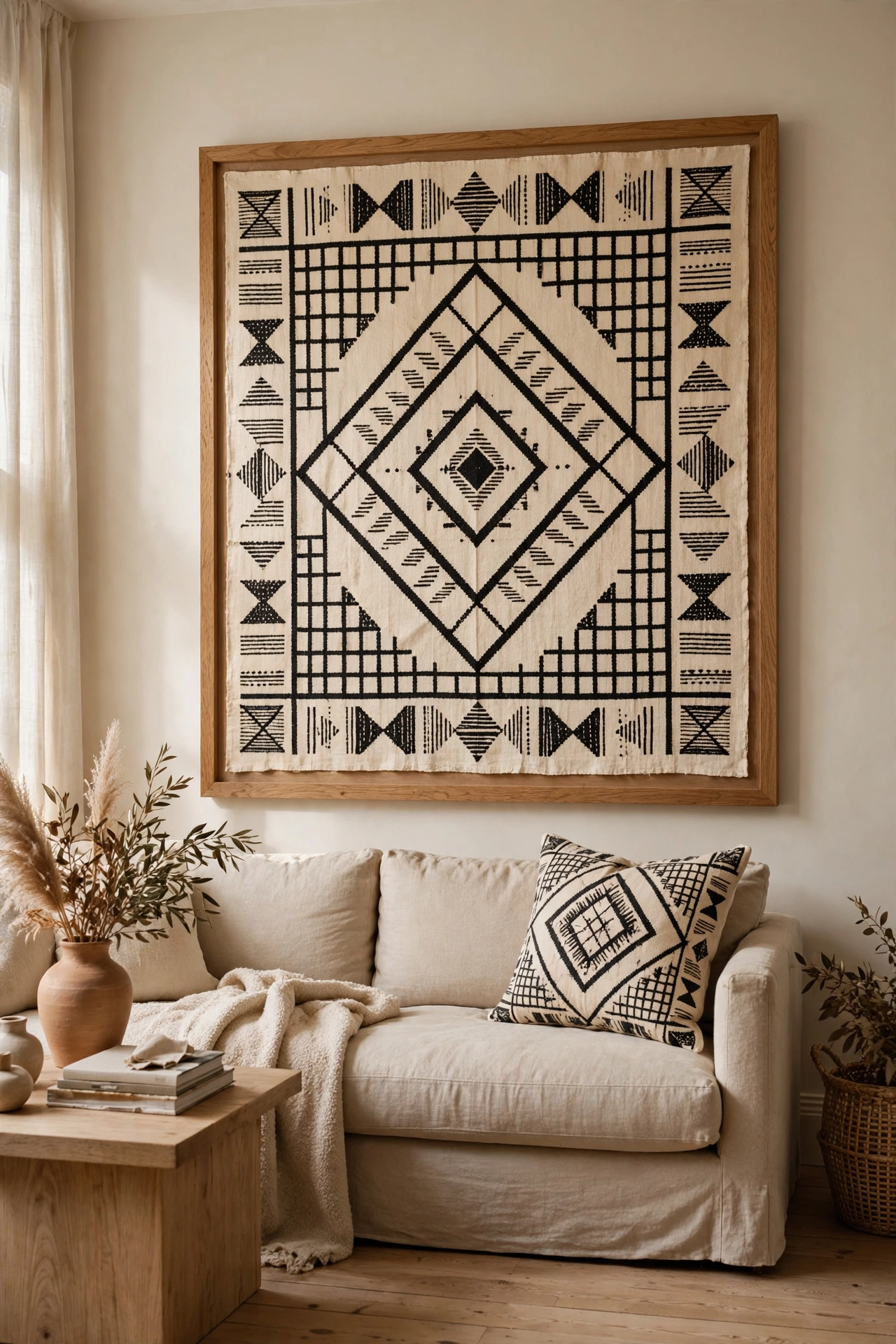 large framed mudcloth fabric textile art above living room sofa
