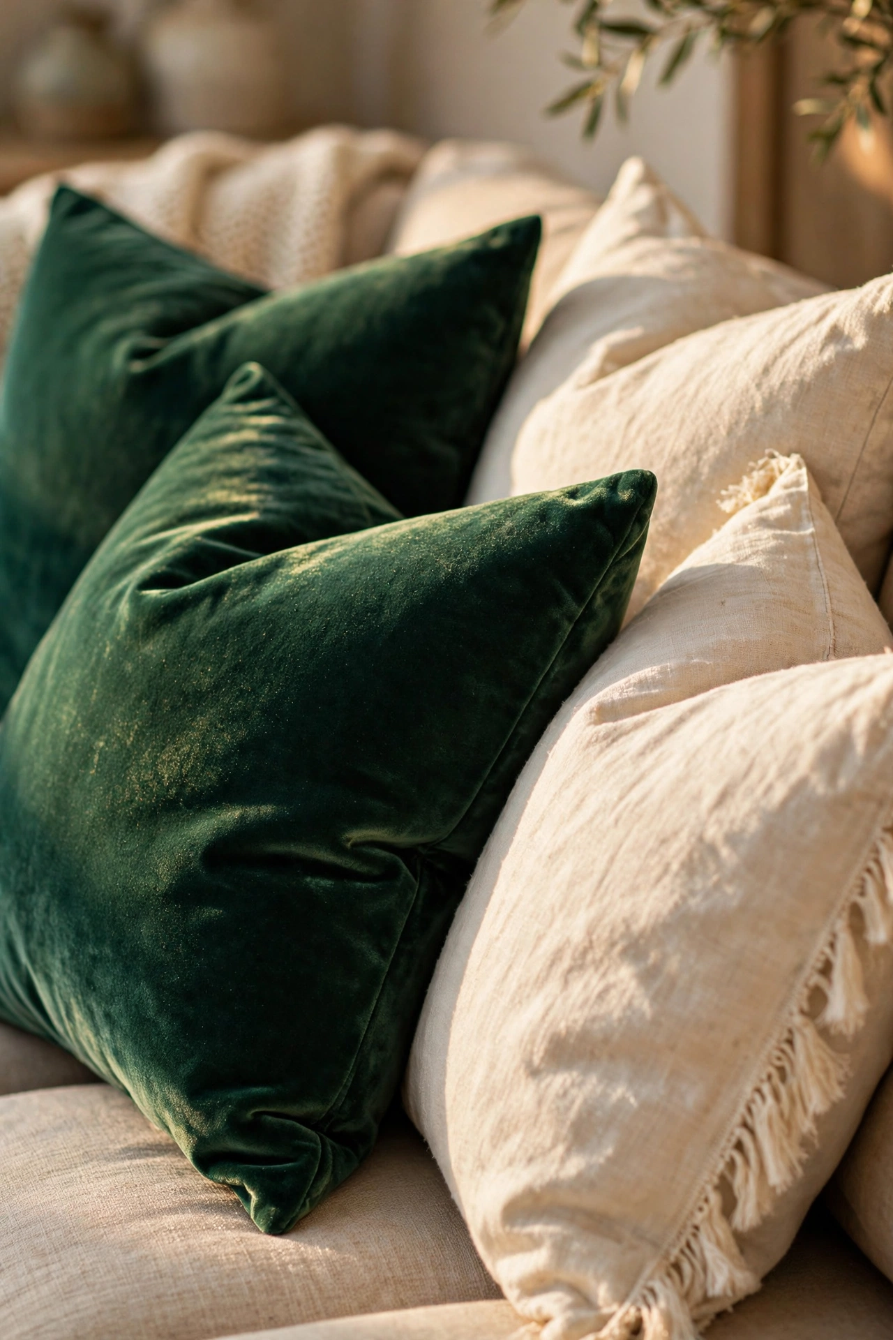 emerald velvet cushion covers on neutral living room sofa