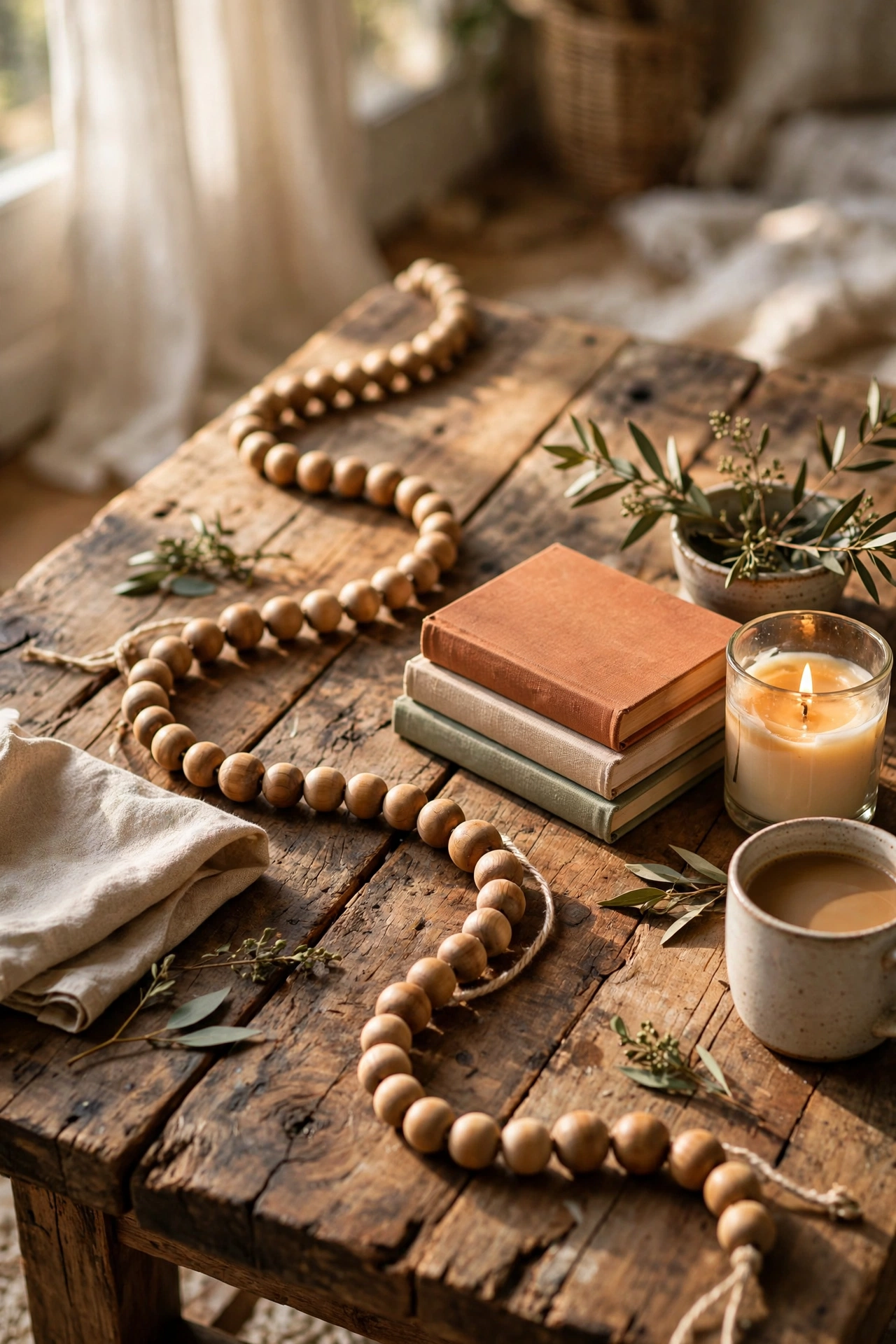 wooden bead garland draped in s-curve on coffee table