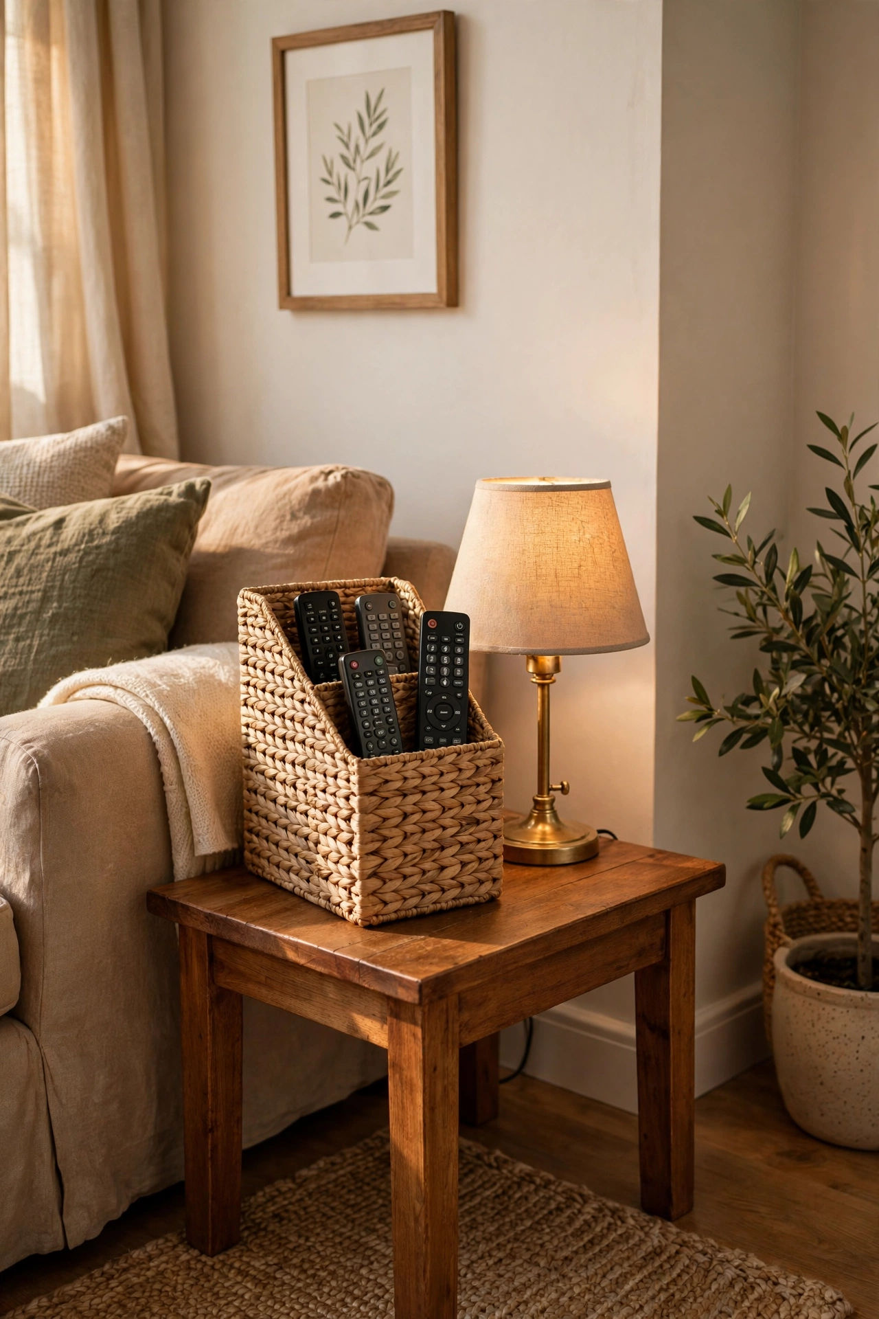 woven magazine file holding tv remotes on living room side table