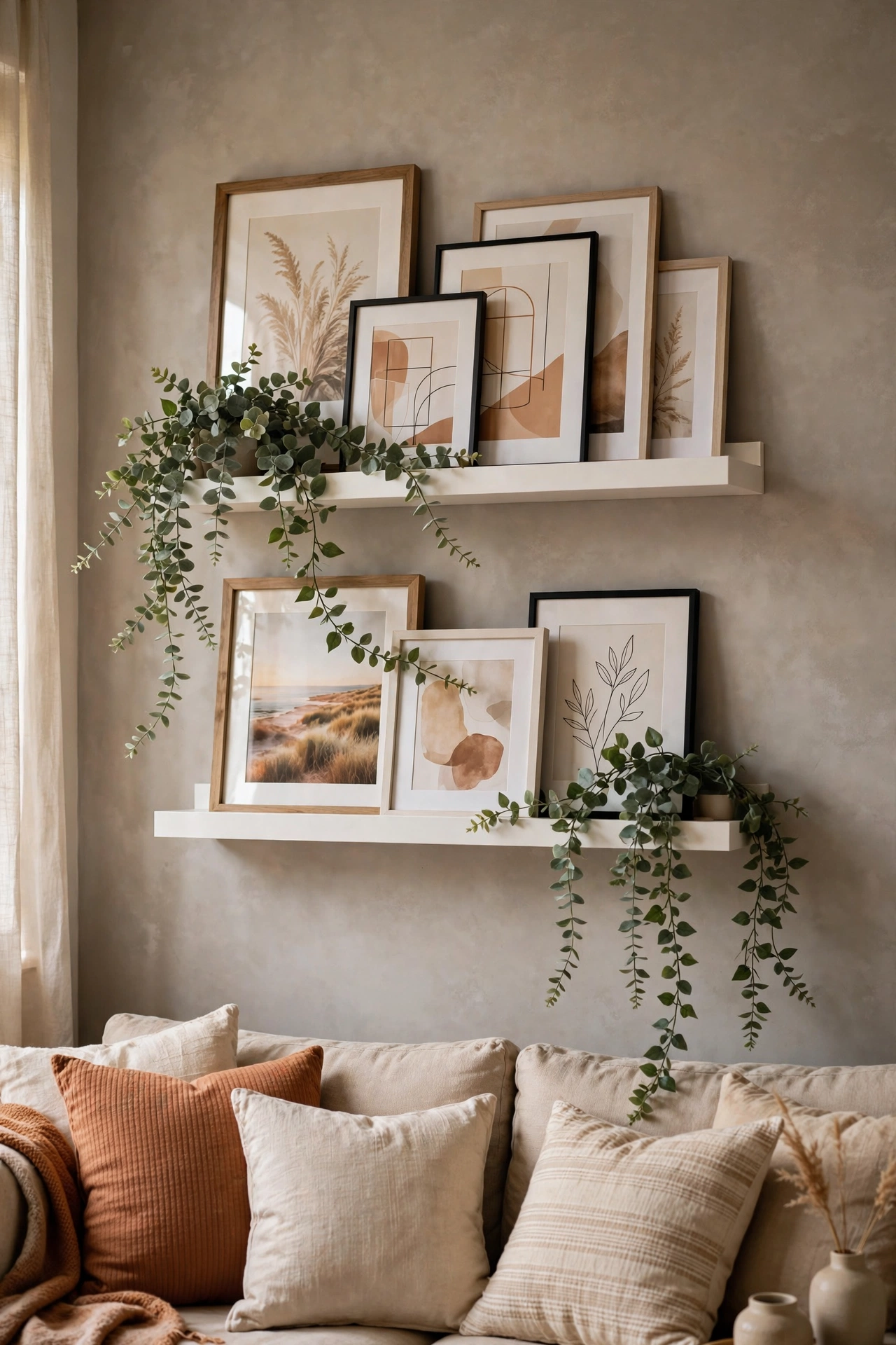 floating picture ledges with layered frames above living room sofa