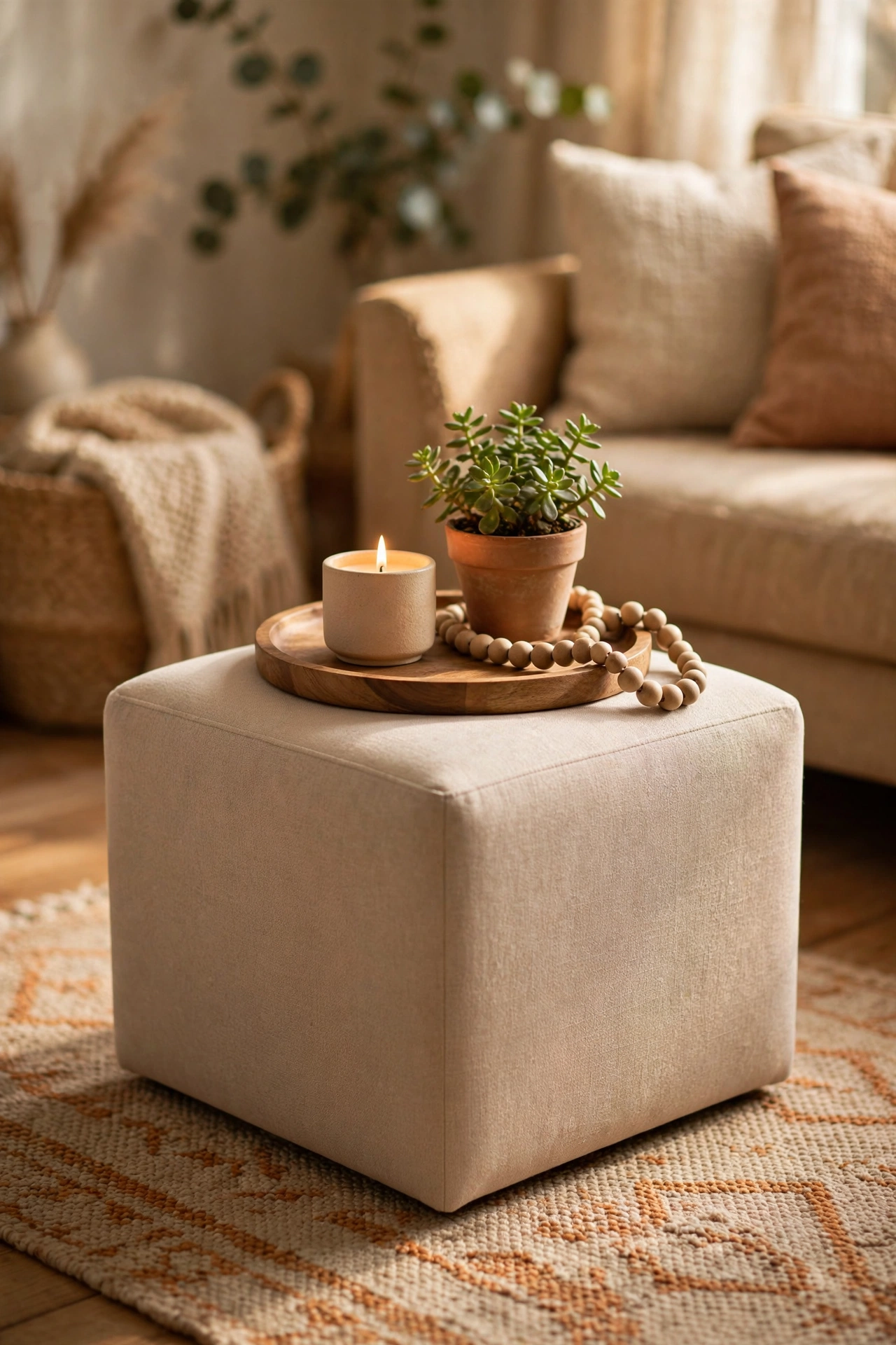 round wooden serving tray styled on square living room ottoman