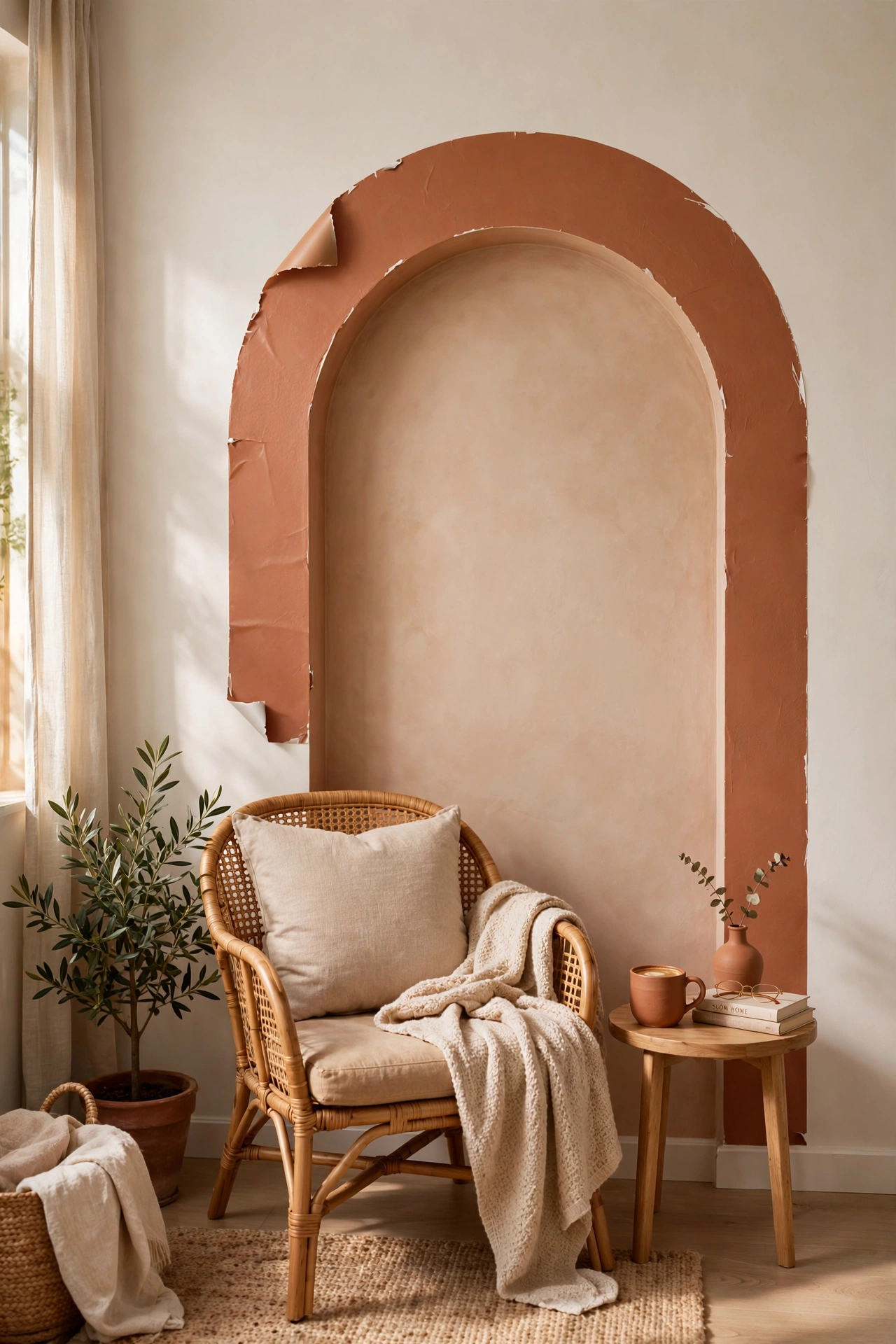 terracotta arch wall decal framing reading chair in living room