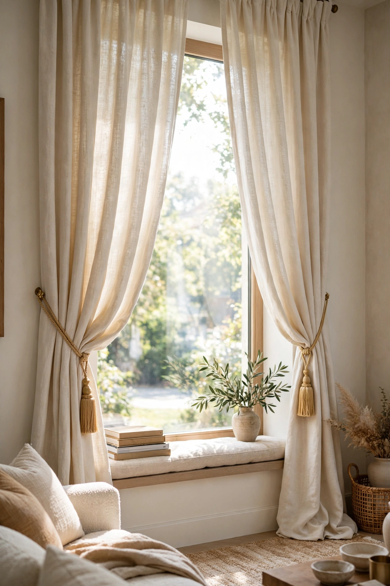 cream curtains gathered with tassel tiebacks in living room