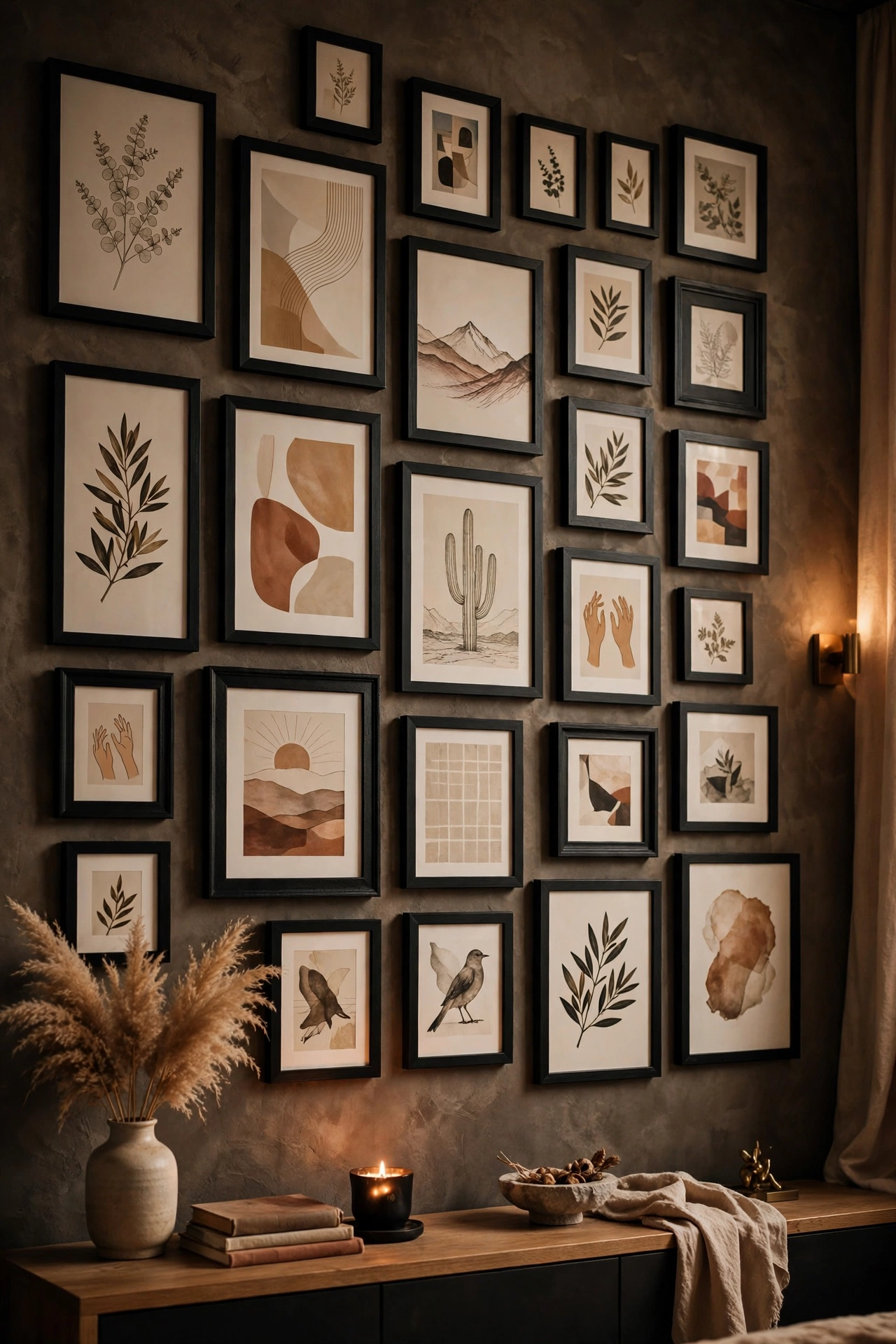 gallery wall of mismatched frames all sprayed matte black