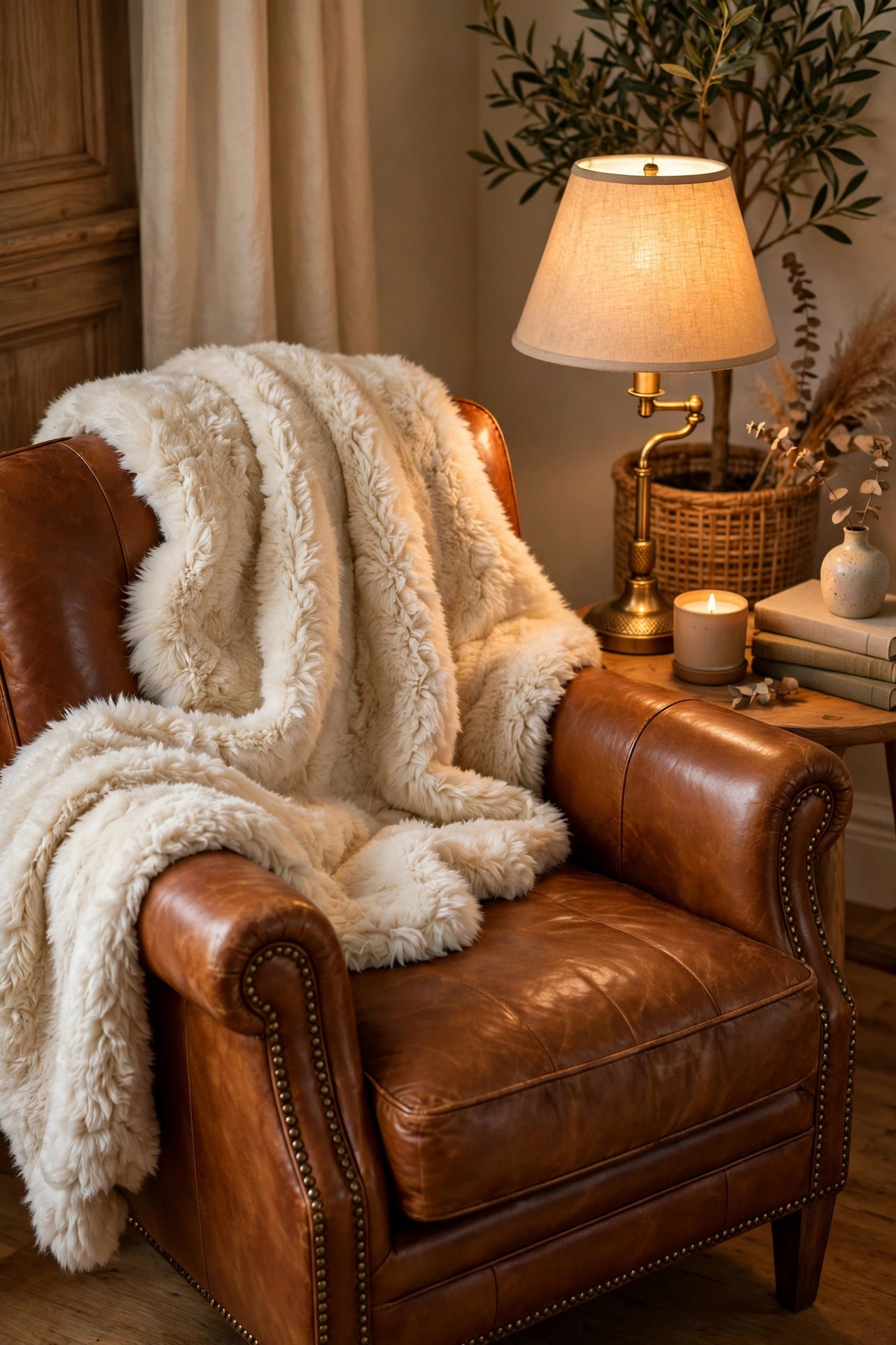 cream faux fur throw draped over living room armchair