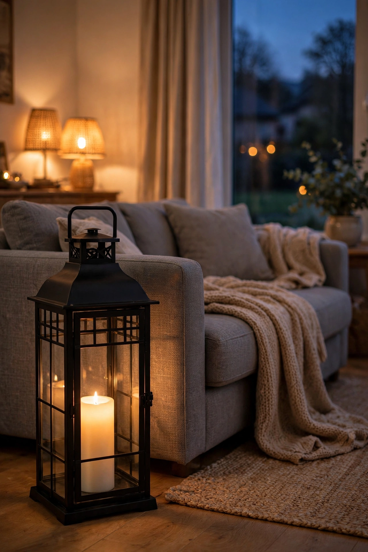 black metal lantern with flameless candle glowing beside sofa