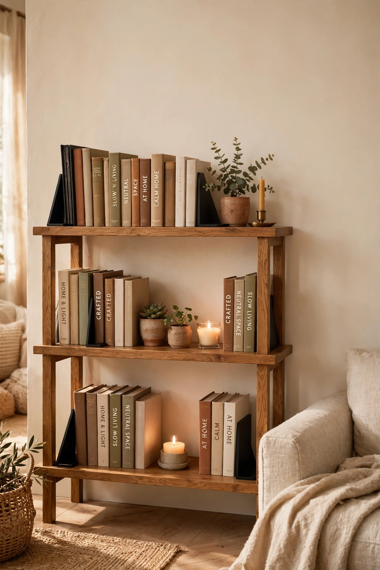 styled living room bookshelf with metal bookends and breathing room