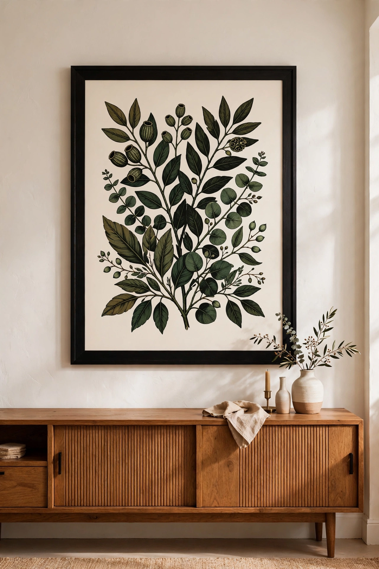 oversized black poster frame with botanical print above dining room wall, dollar store wall decor