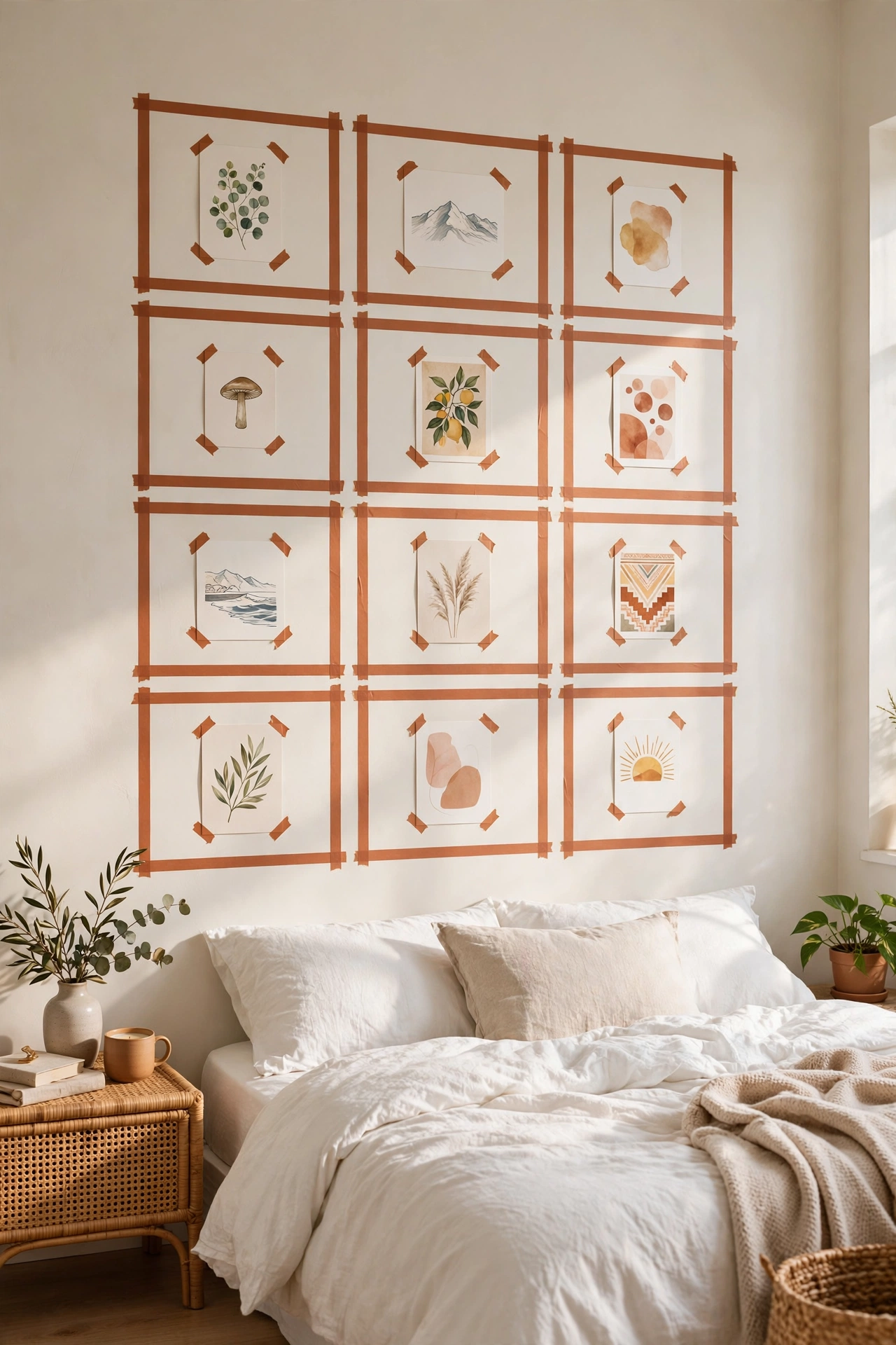 washi tape gallery wall grid with small prints, renter friendly wall decor