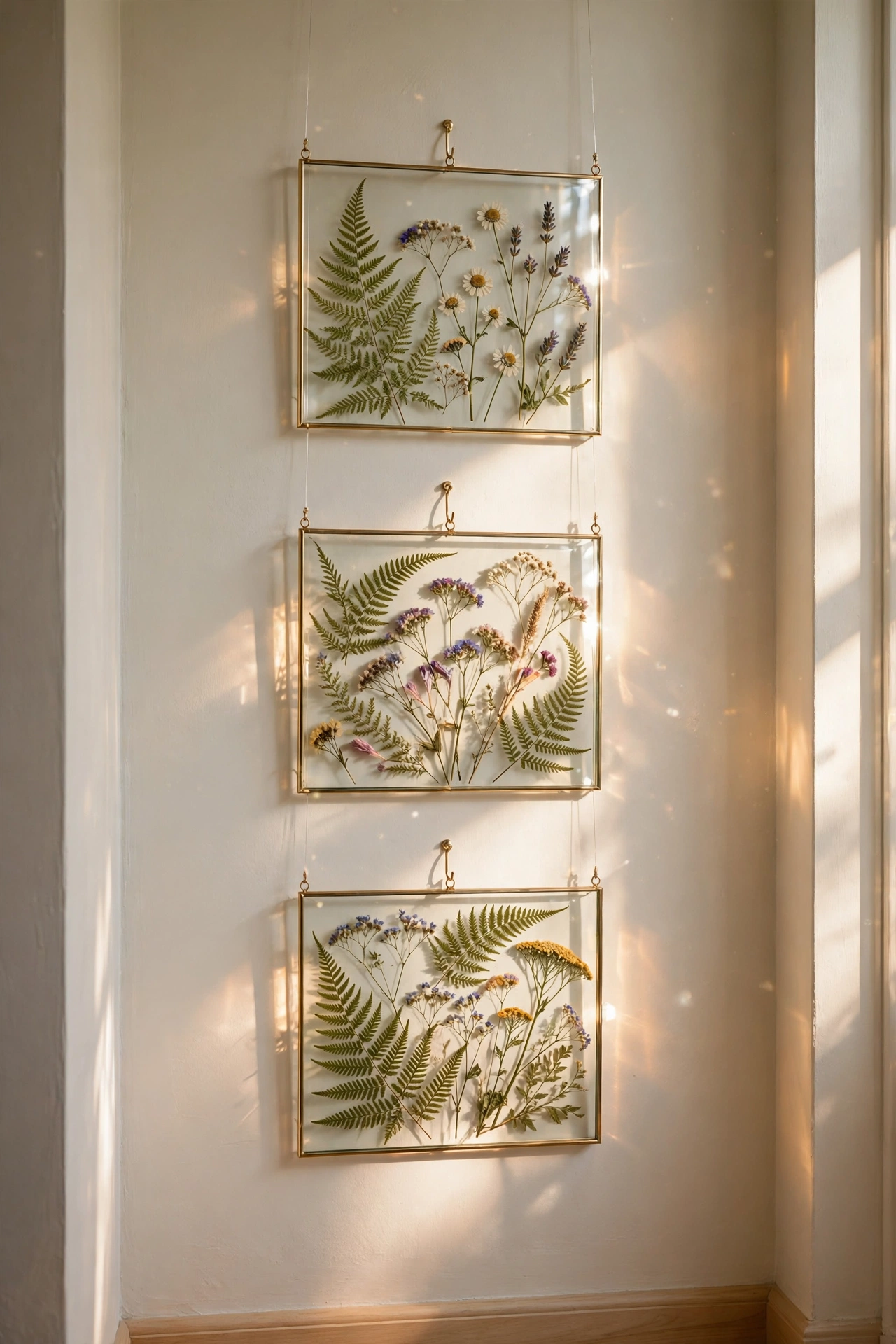 pressed wildflowers in double glass floating frames on hallway wall