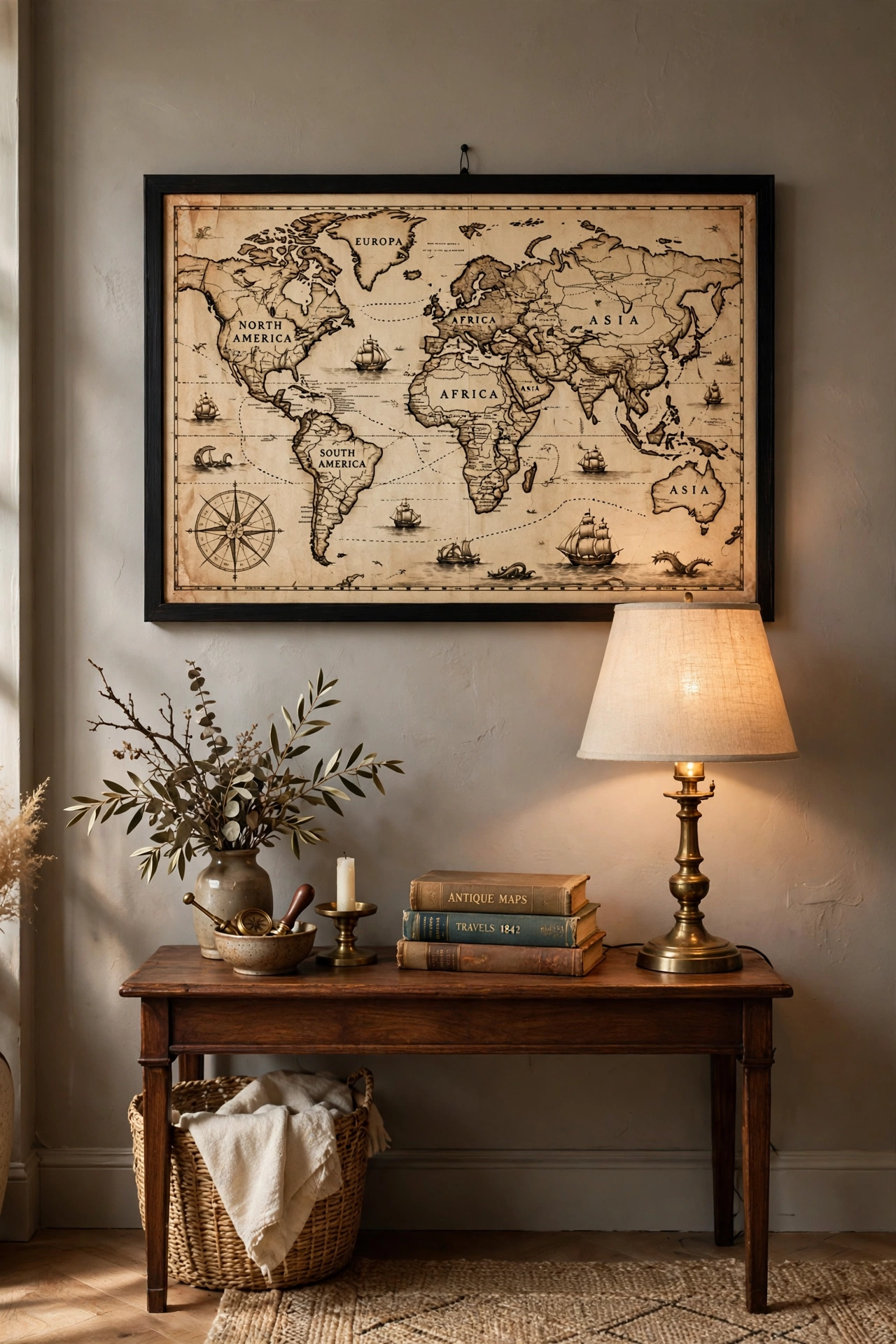 framed vintage sepia map print on living room wall