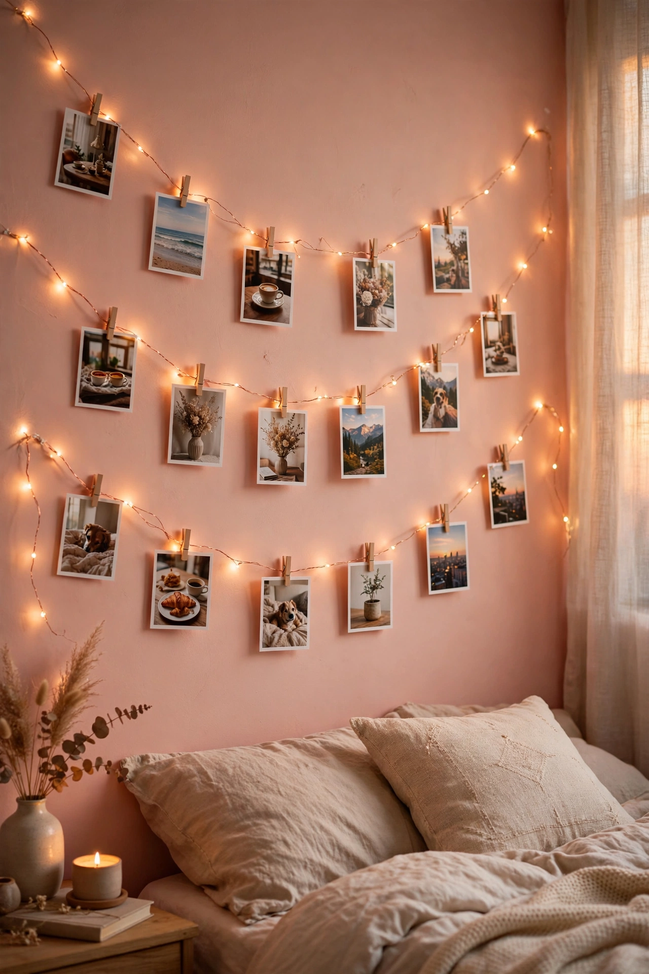 copper fairy light photo clip string swagged on bedroom wall