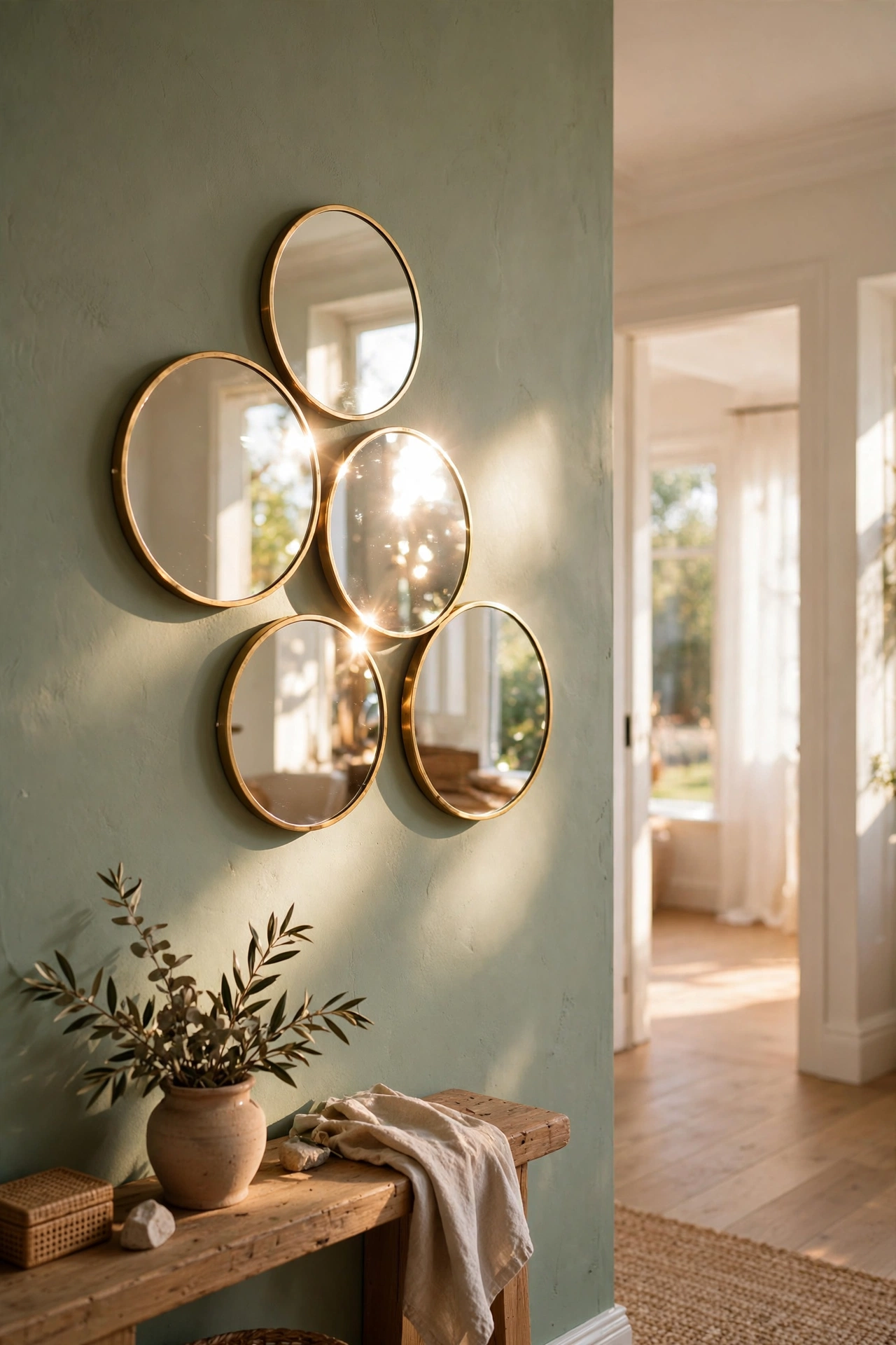cluster of small round mirrors grouped as wall art in hallway