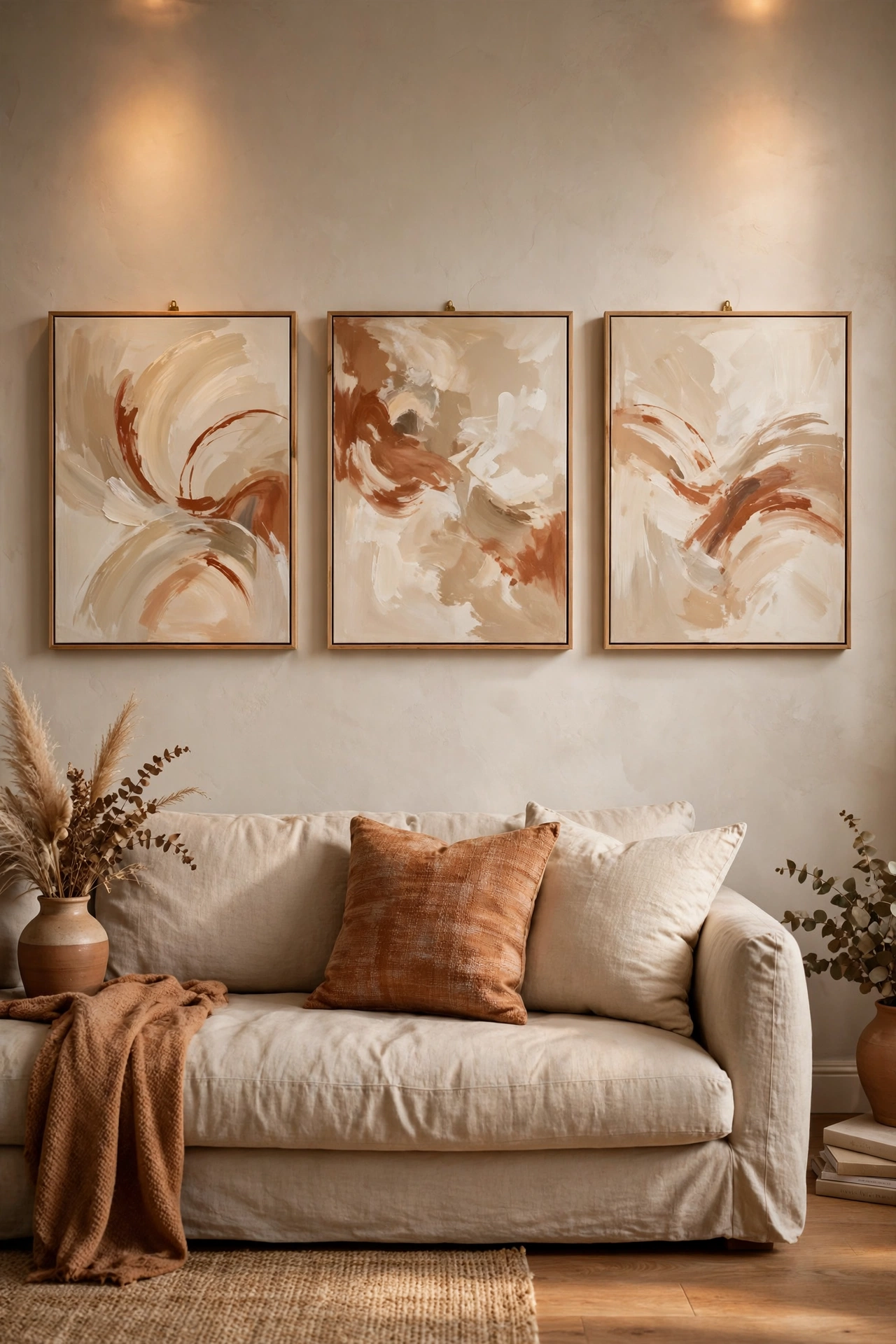 diy painted abstract canvases in neutral tones above sofa