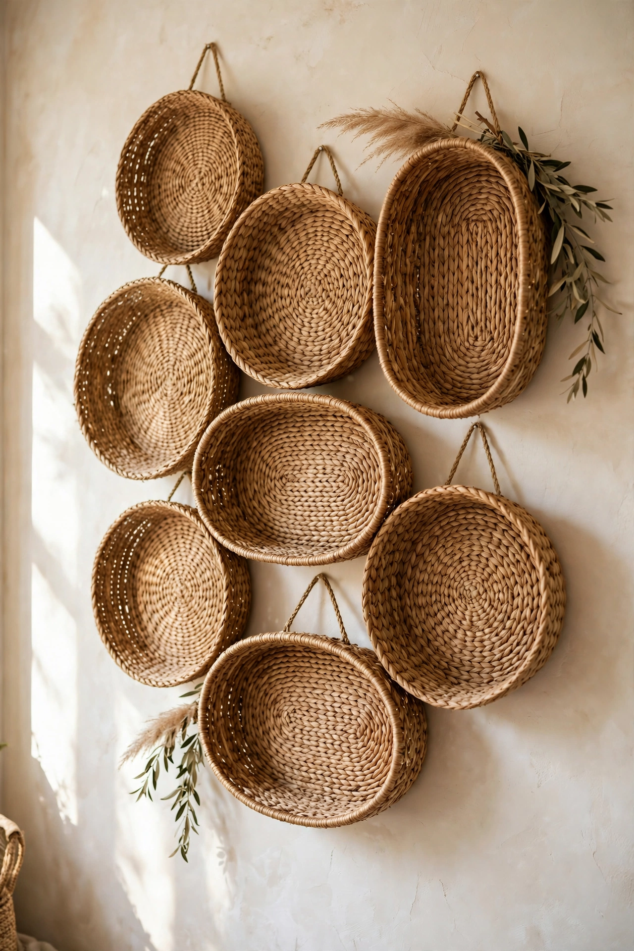 woven seagrass baskets arranged as wall art cluster