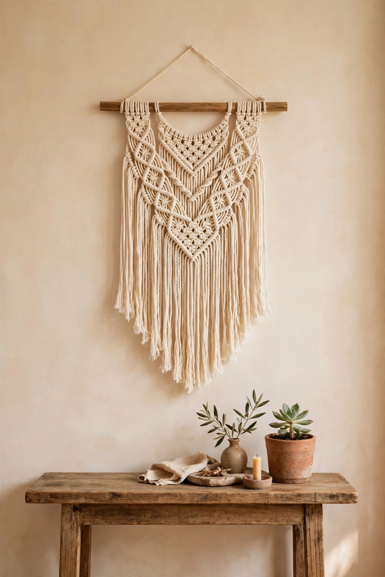 cream macrame wall hanging on wooden dowel above console table