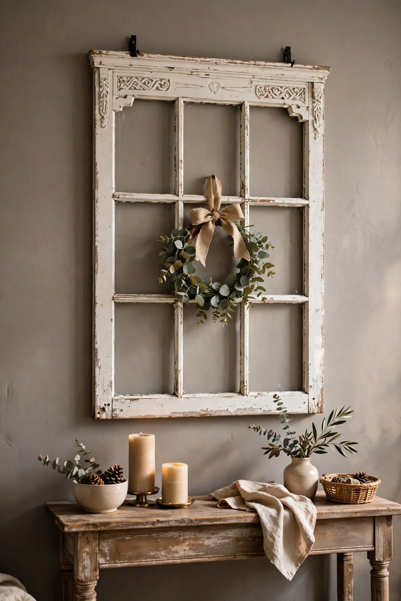 decorative white window frame with small wreath hung on solid wall