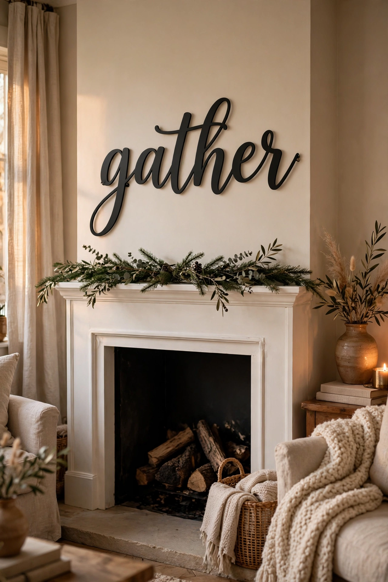 black scripted metal word art sign above fireplace mantel