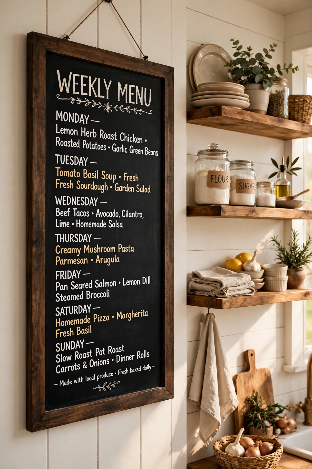 framed chalkboard with hand lettered menu in kitchen