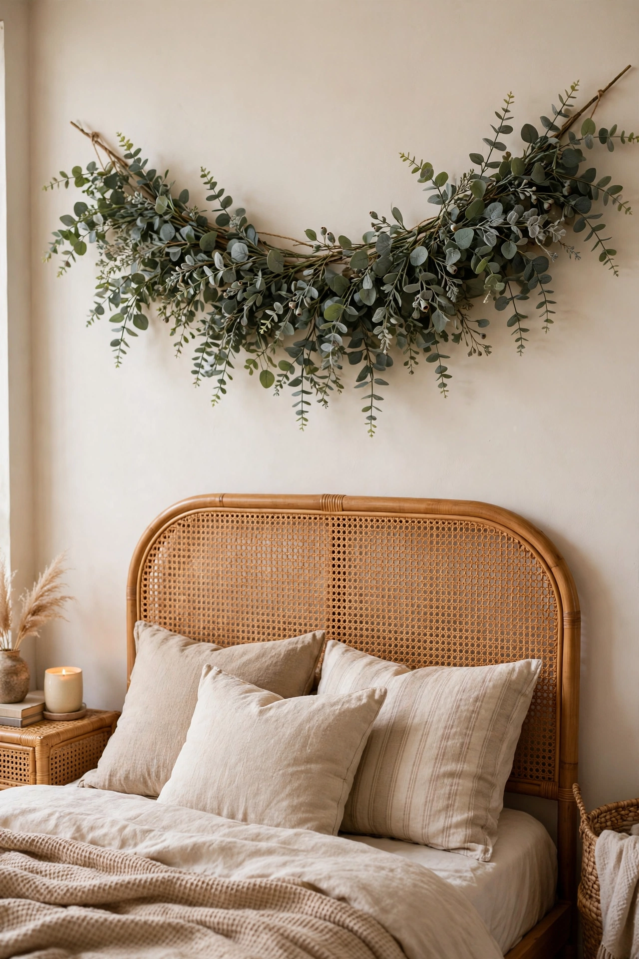 horizontal faux eucalyptus swag hung above bed headboard