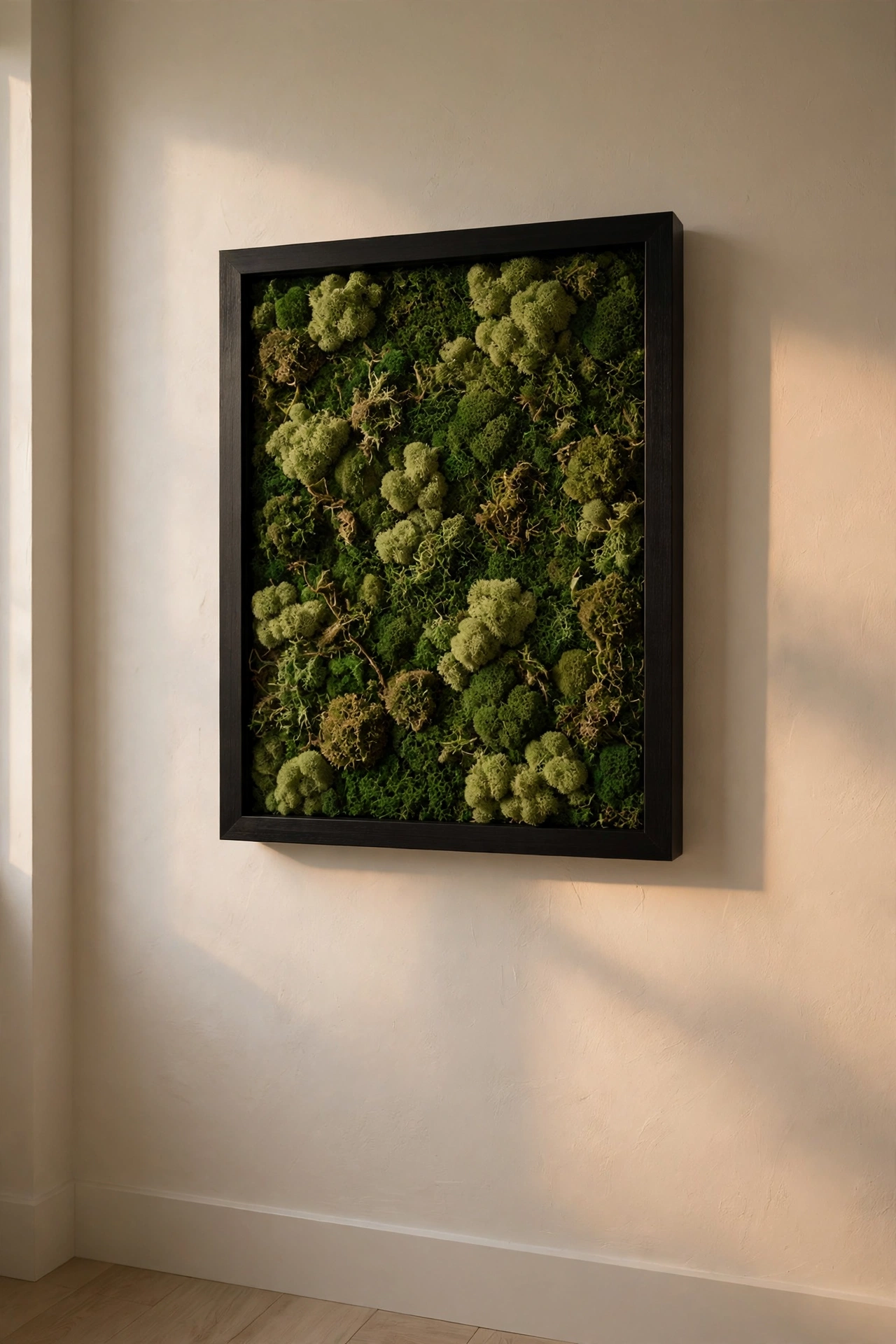 preserved moss tile art in deep box frame on hallway wall