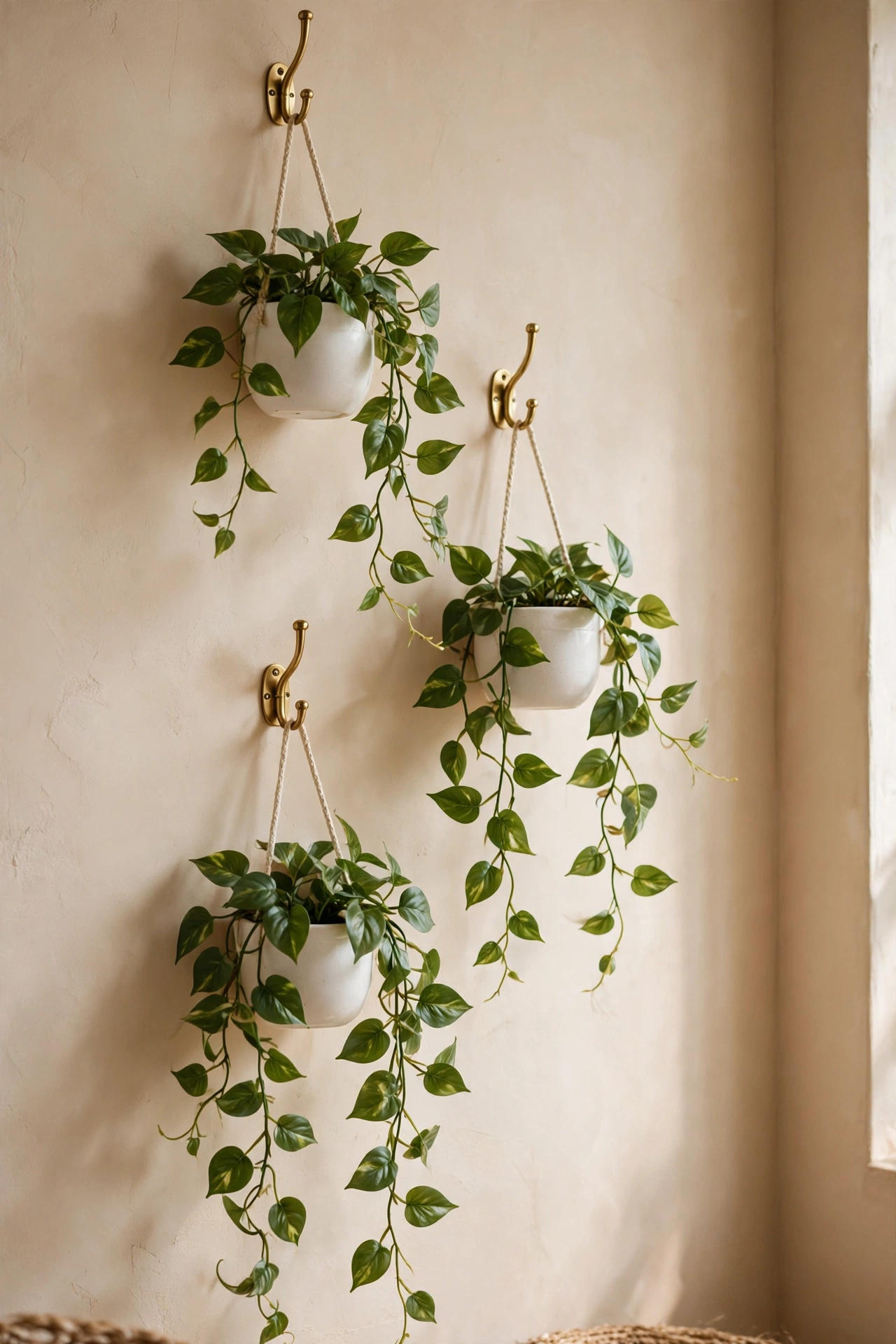 small hanging planters at staggered heights on living room wall