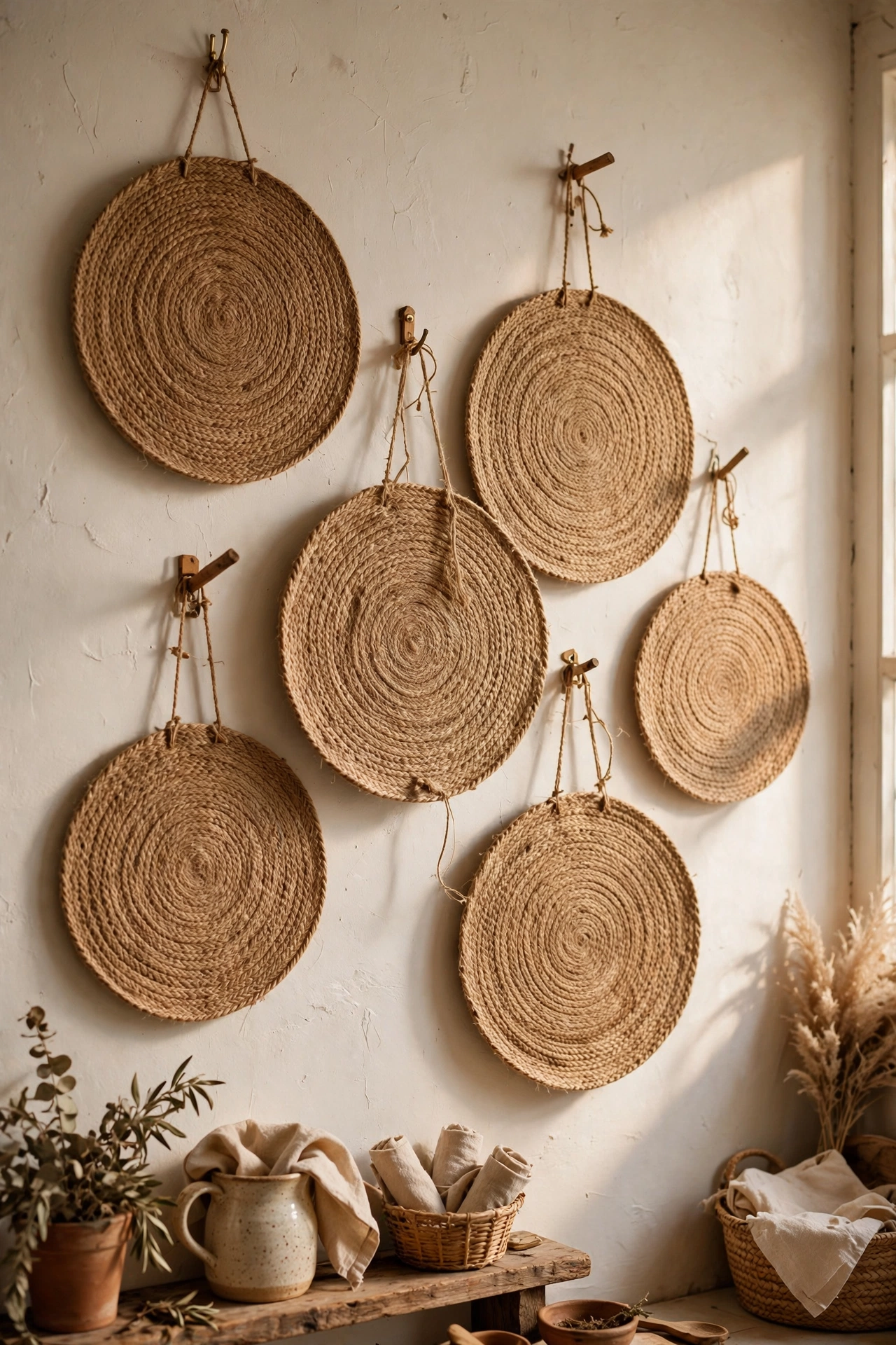 round woven placemats hung as wall art grouping