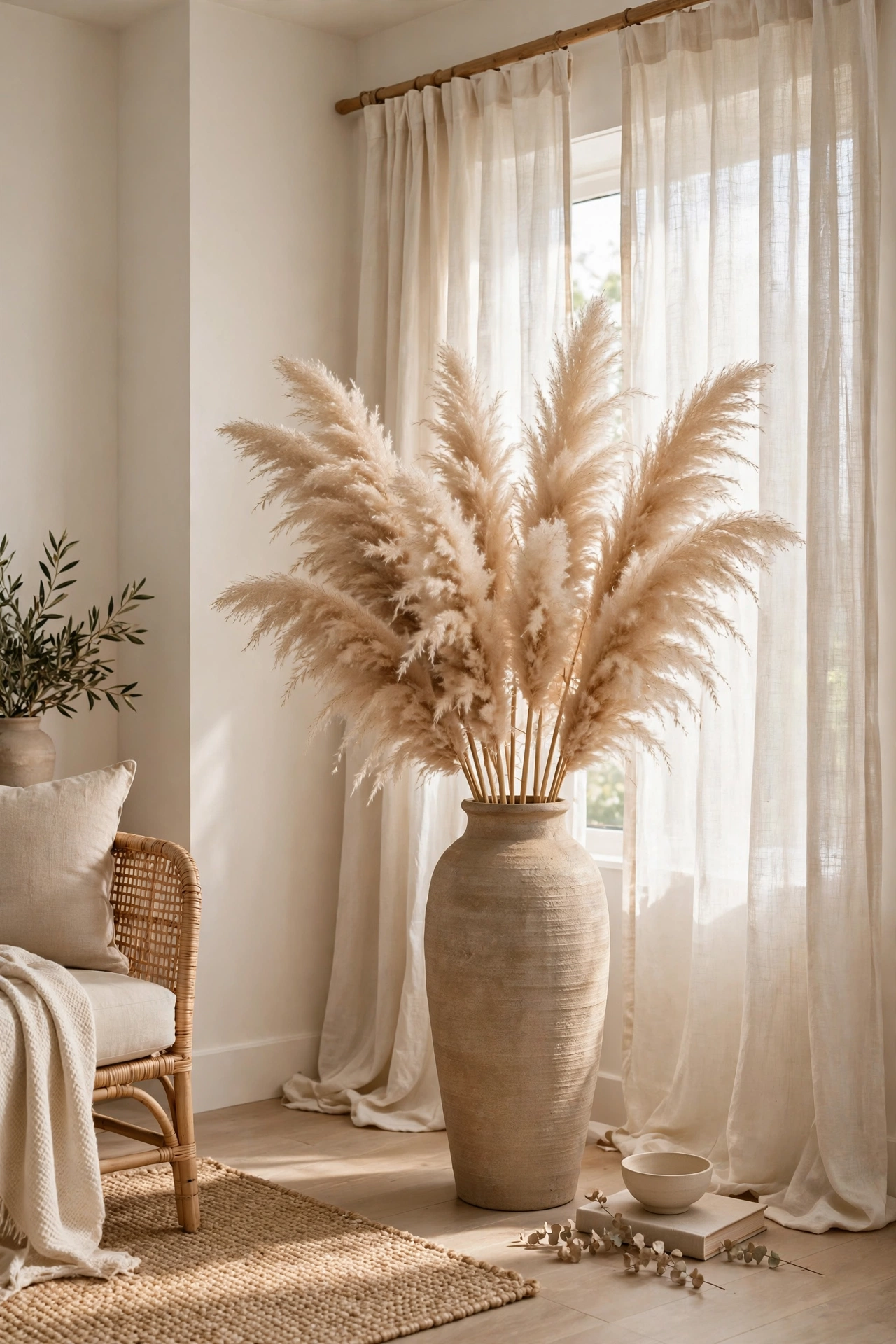 tall floor vase with dried pampas plumes in empty living room corner