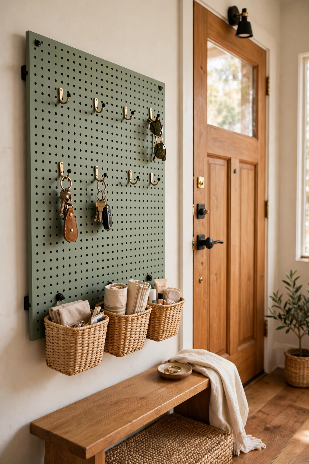 sage painted pegboard with hooks and baskets by front door