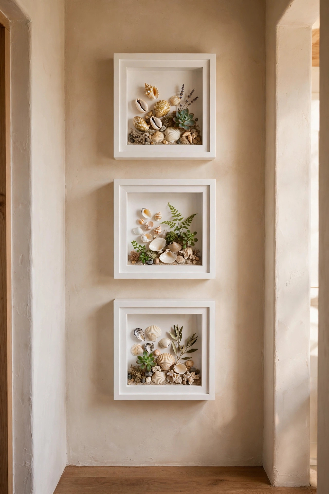deep shadow box wall shelves displaying tiny shell collection