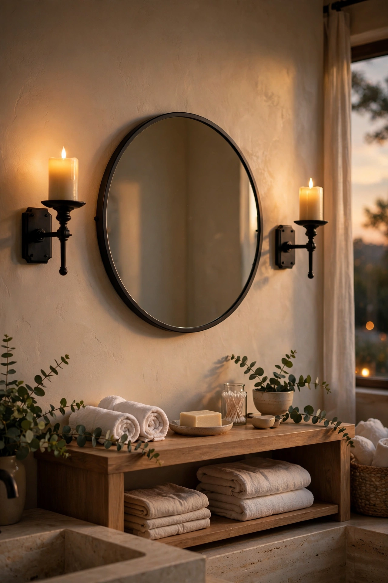 pair of black metal wall candle sconces flanking bathroom mirror