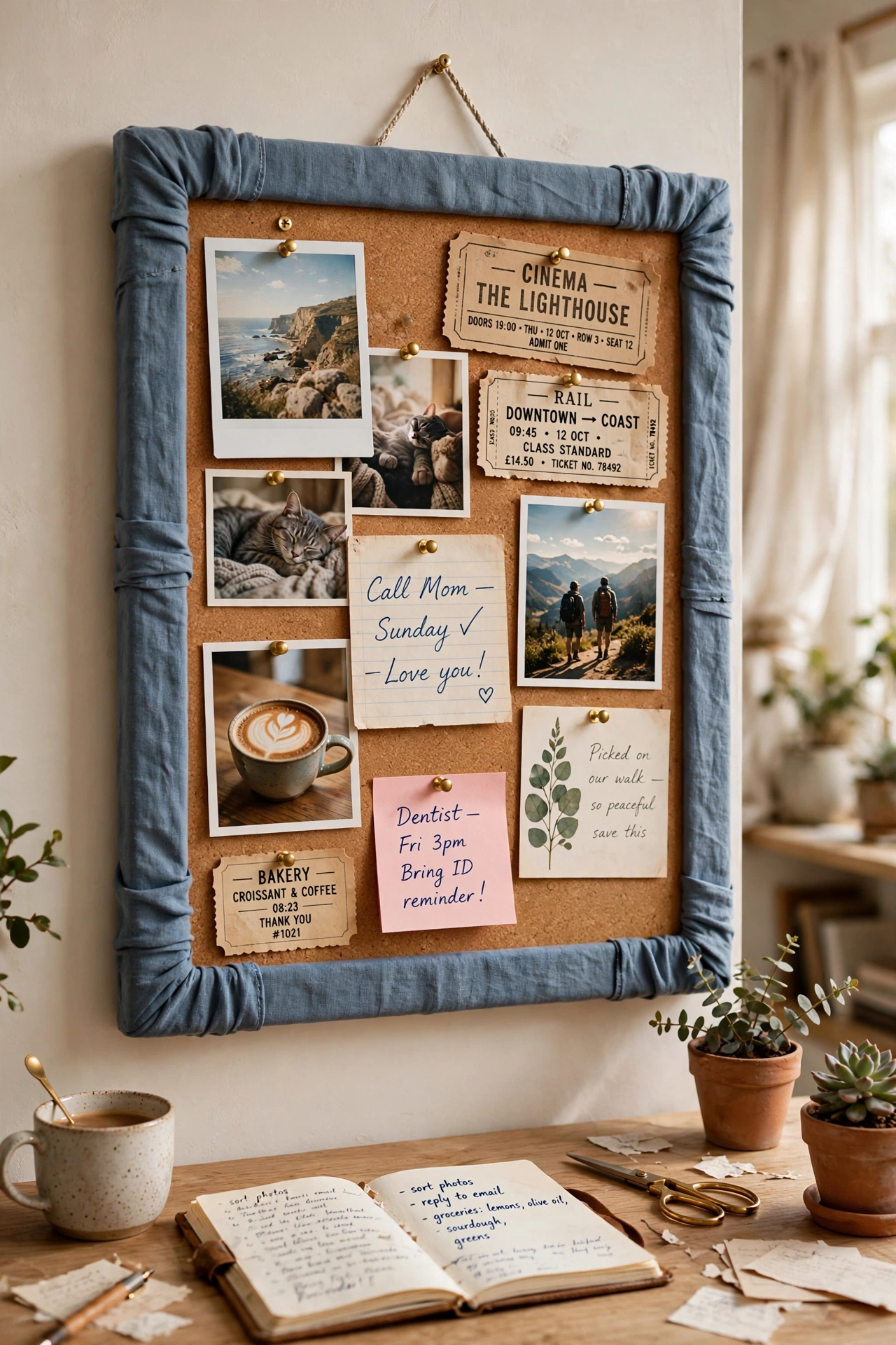 cork board wrapped in blue linen fabric with brass pinned photos