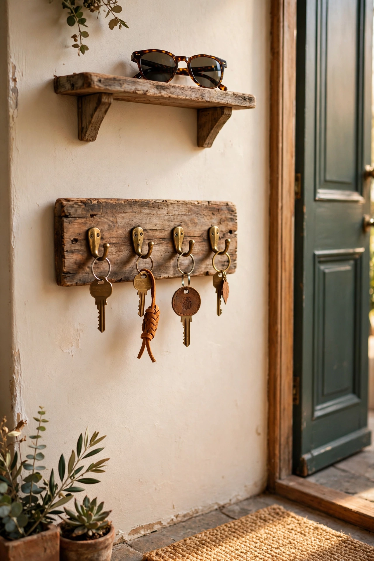 small wooden key holder plaque with hooks by front door