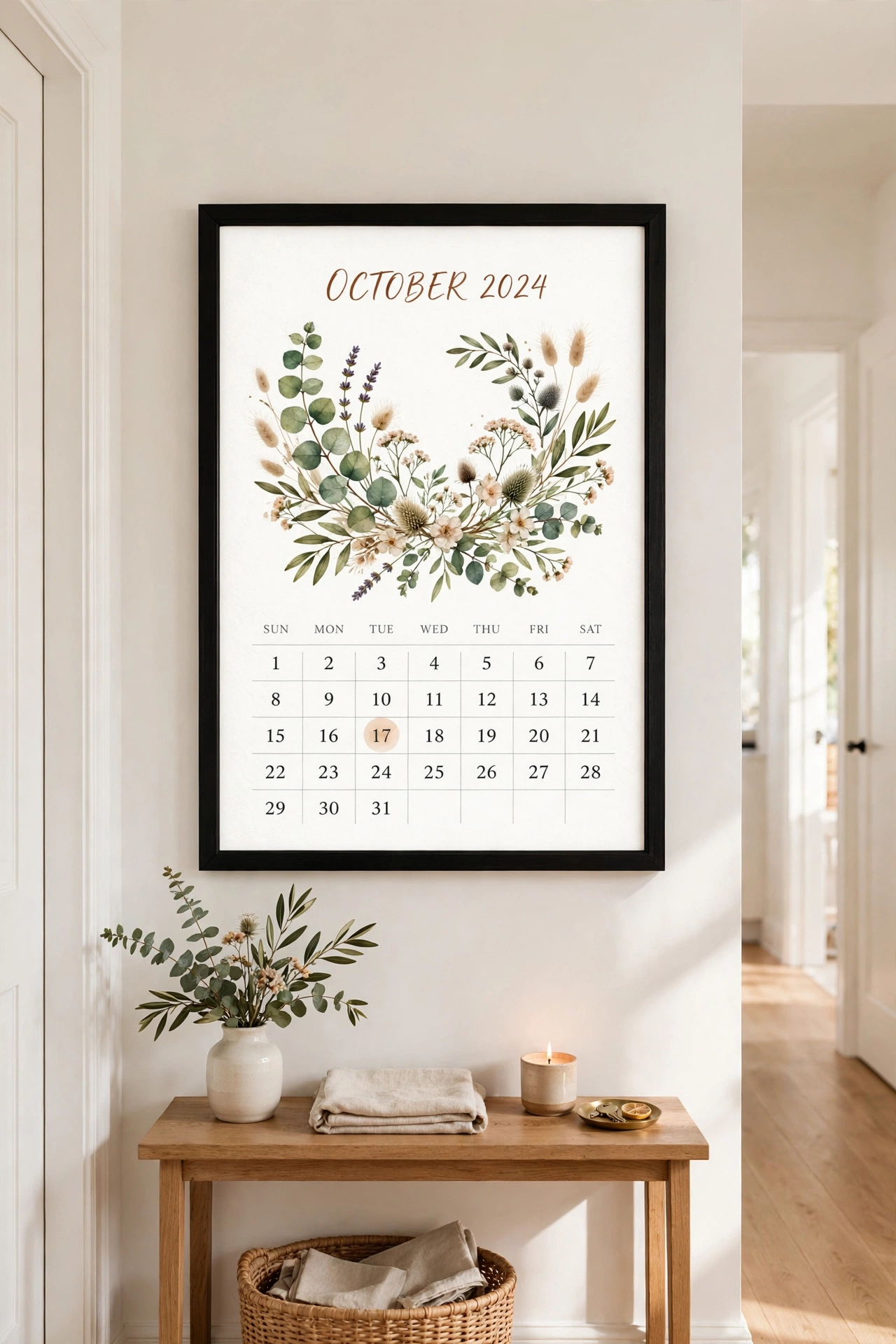 framed botanical calendar art print hung in bright hallway