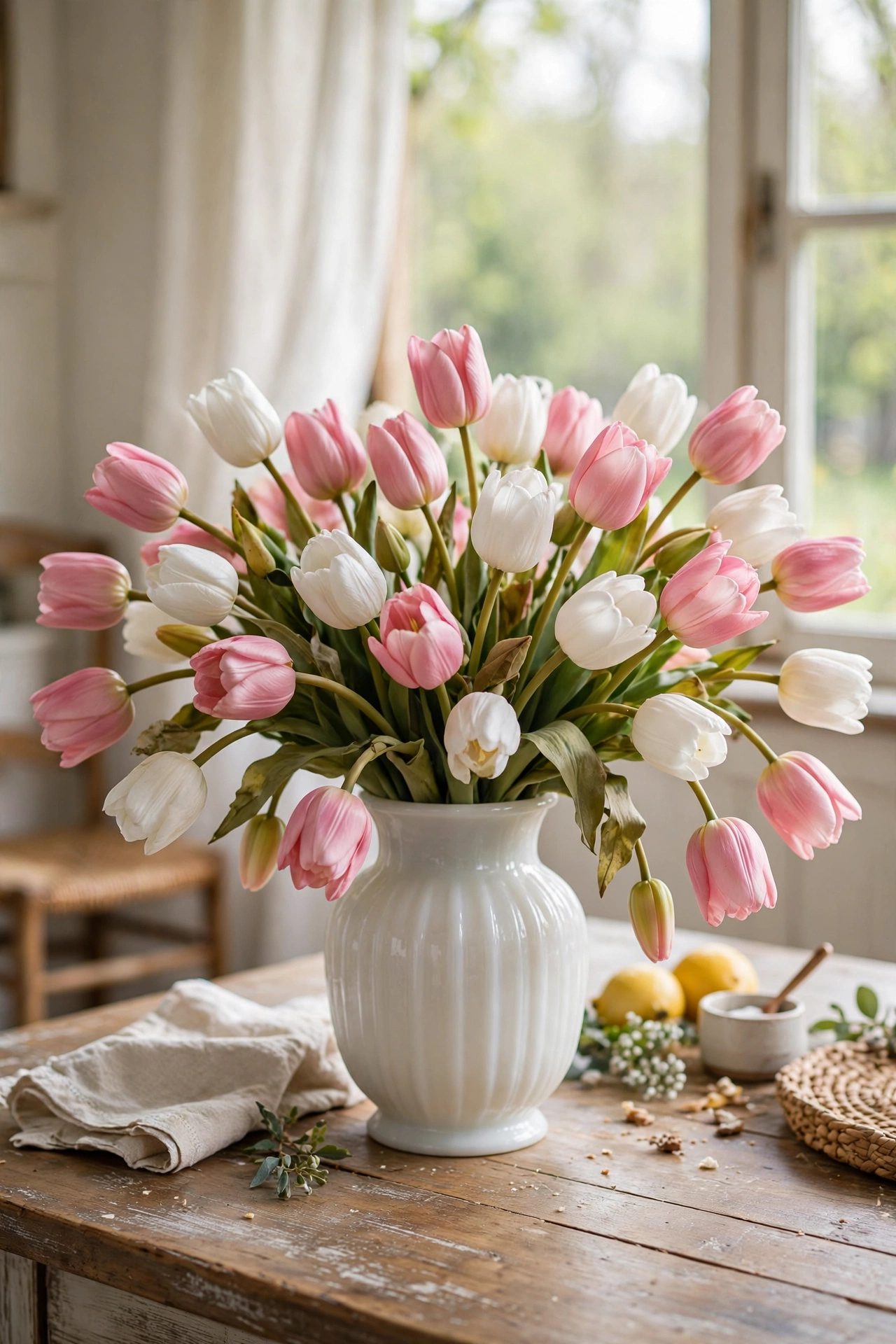 faux tulip bundles in milk glass vases, dollar store spring decor