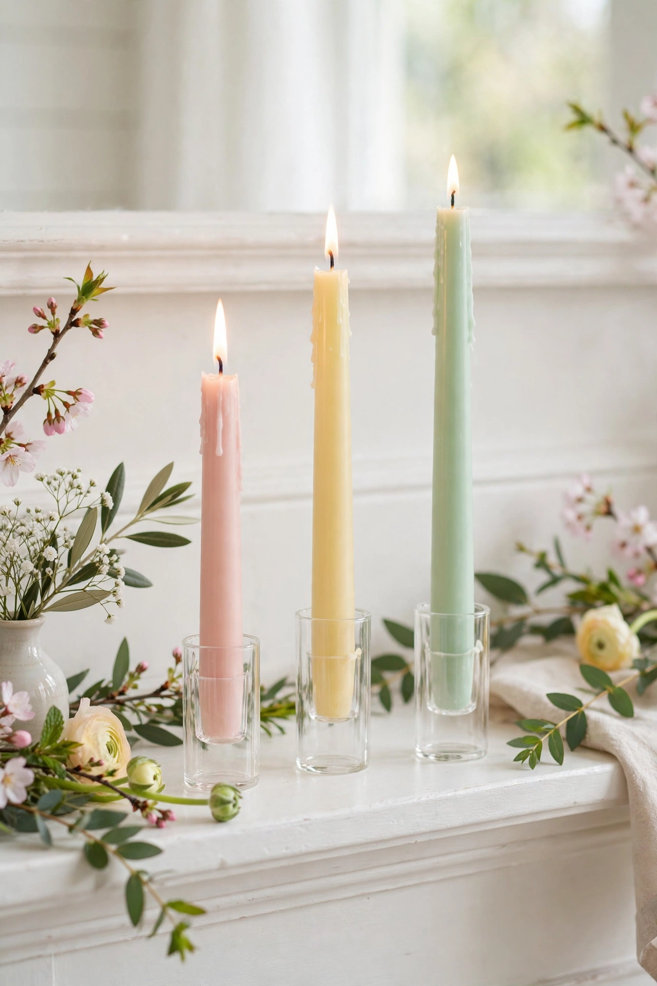 pastel taper candles in glass holders on spring mantel