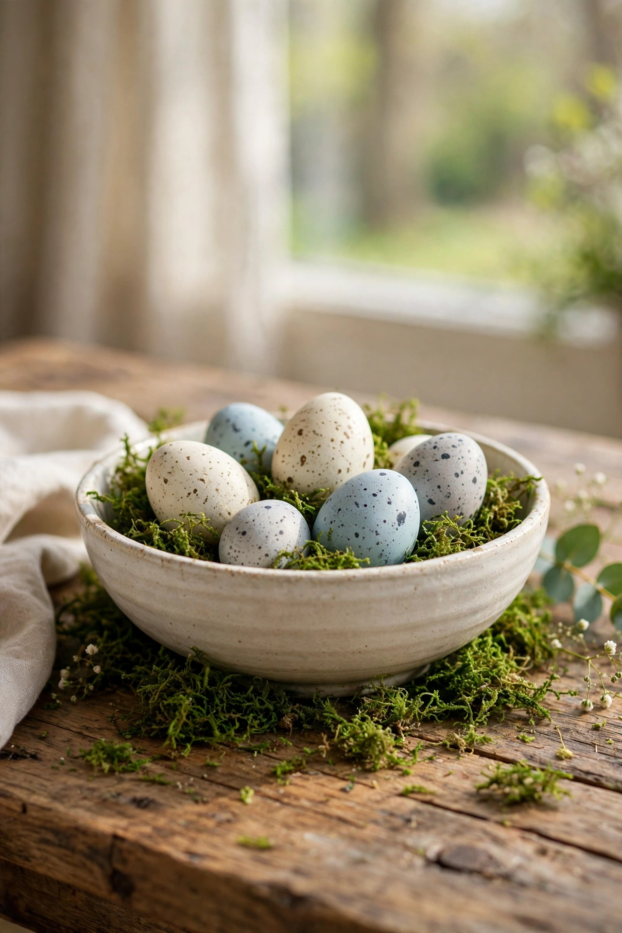 low bowl of speckled faux eggs nested on faux moss