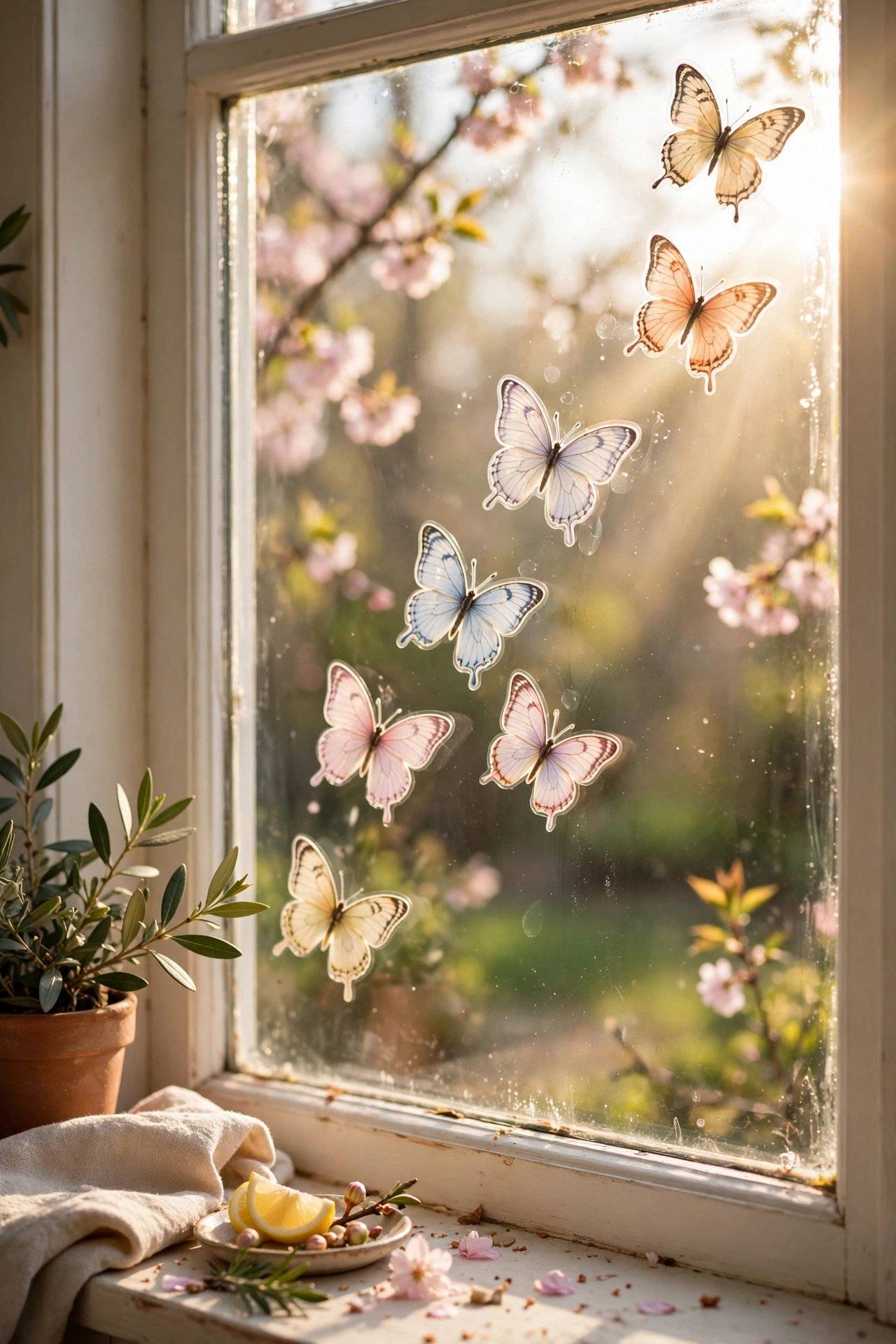 butterfly window decals arranged in flight trail on glass