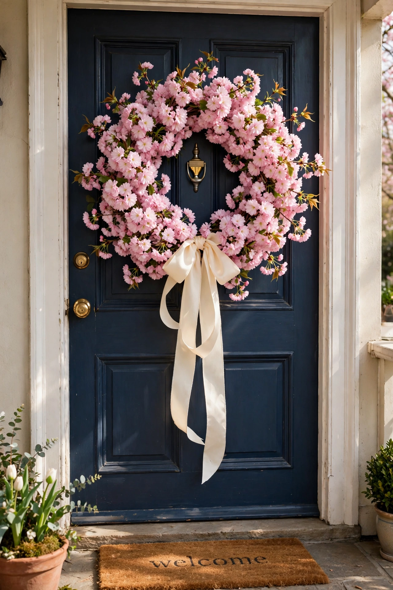 cherry blossom wreath with satin ribbon on front door