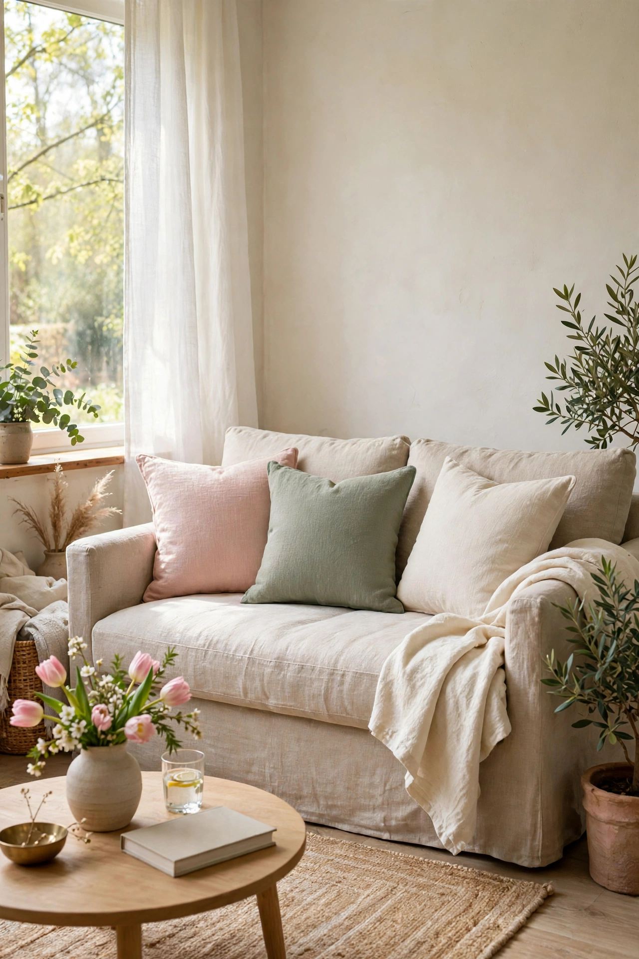sofa with pastel linen look cushion covers in spring tones