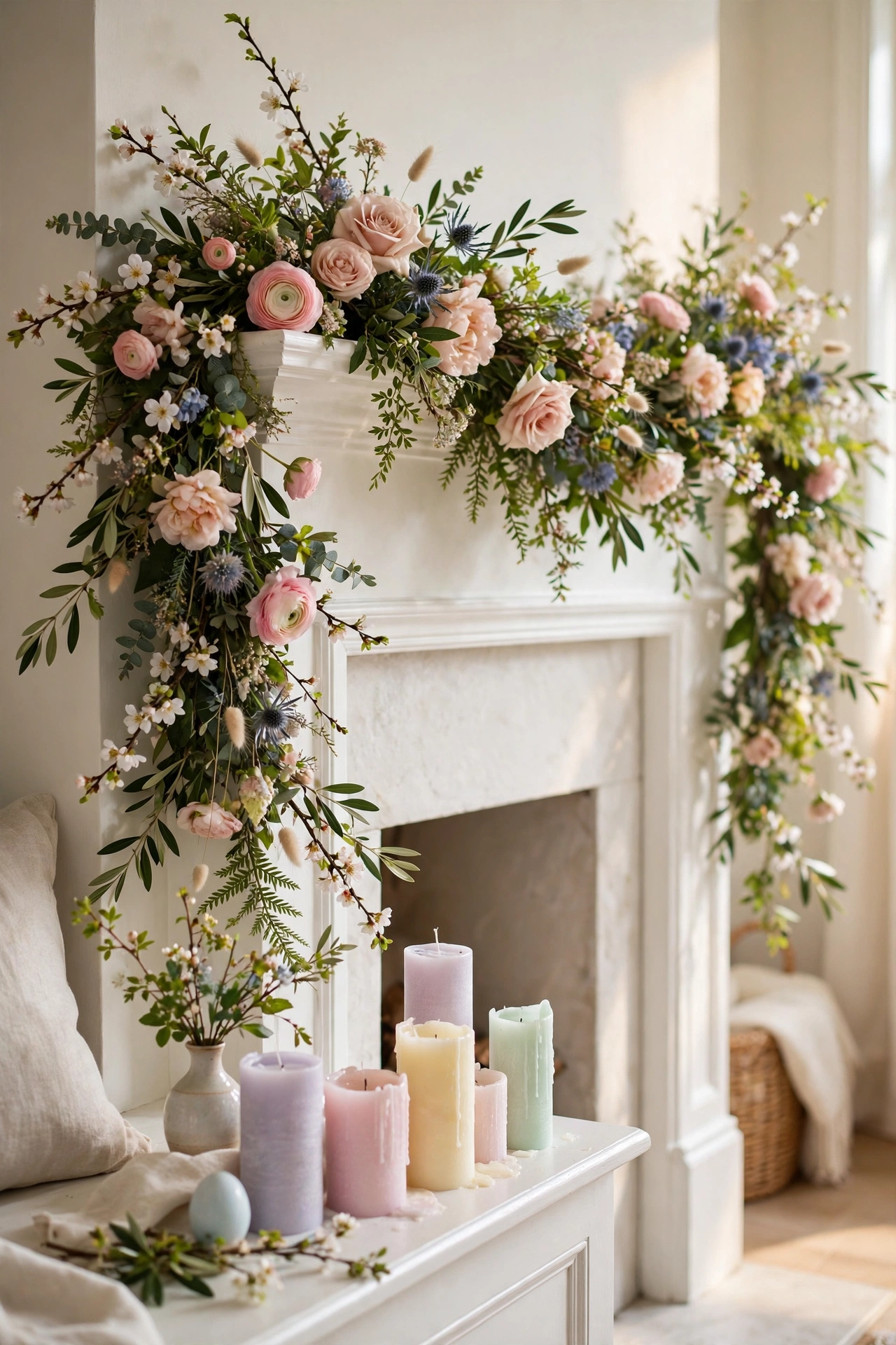 faux floral garland swagged across white fireplace mantel