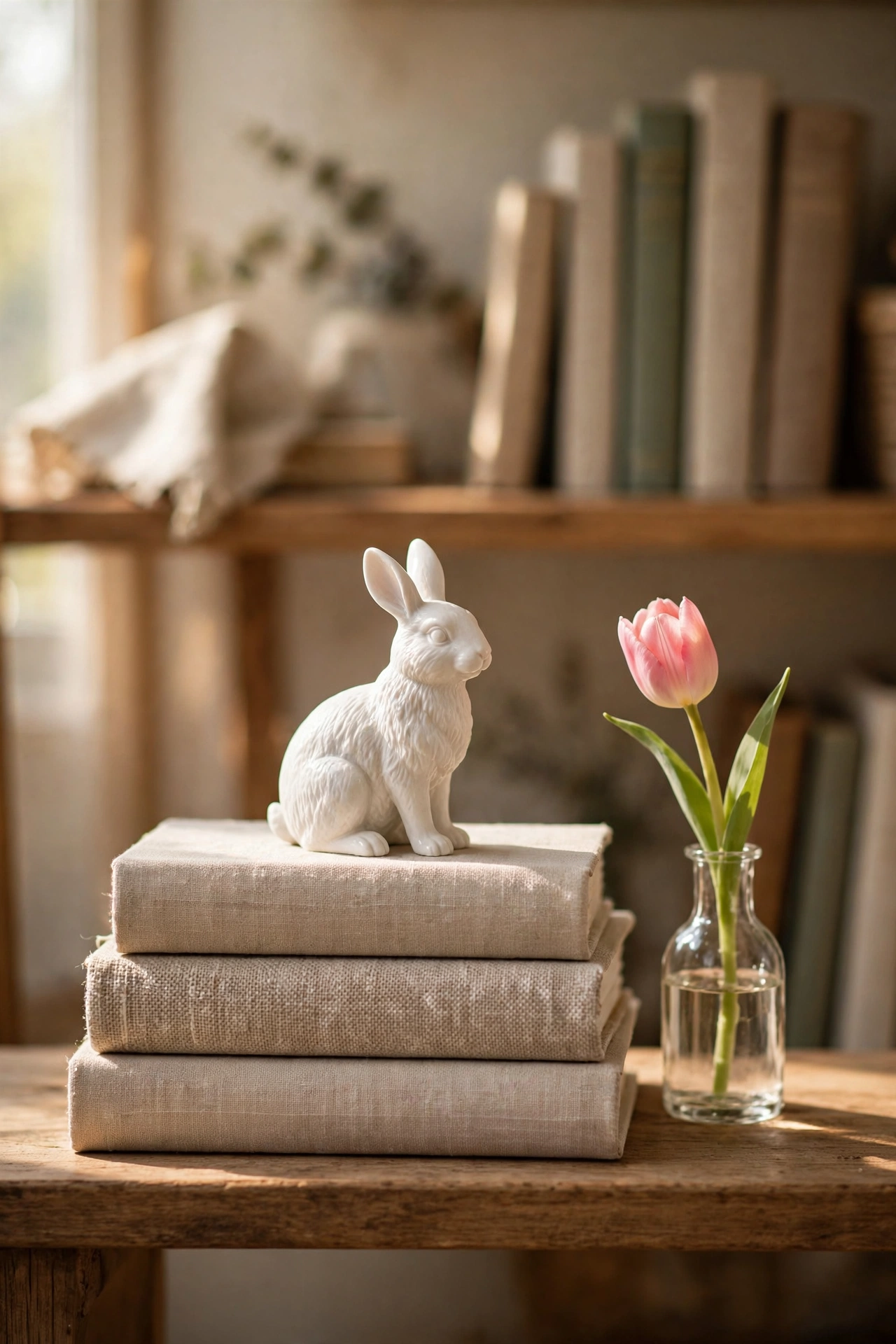 single white ceramic bunny figurine styled on book stack